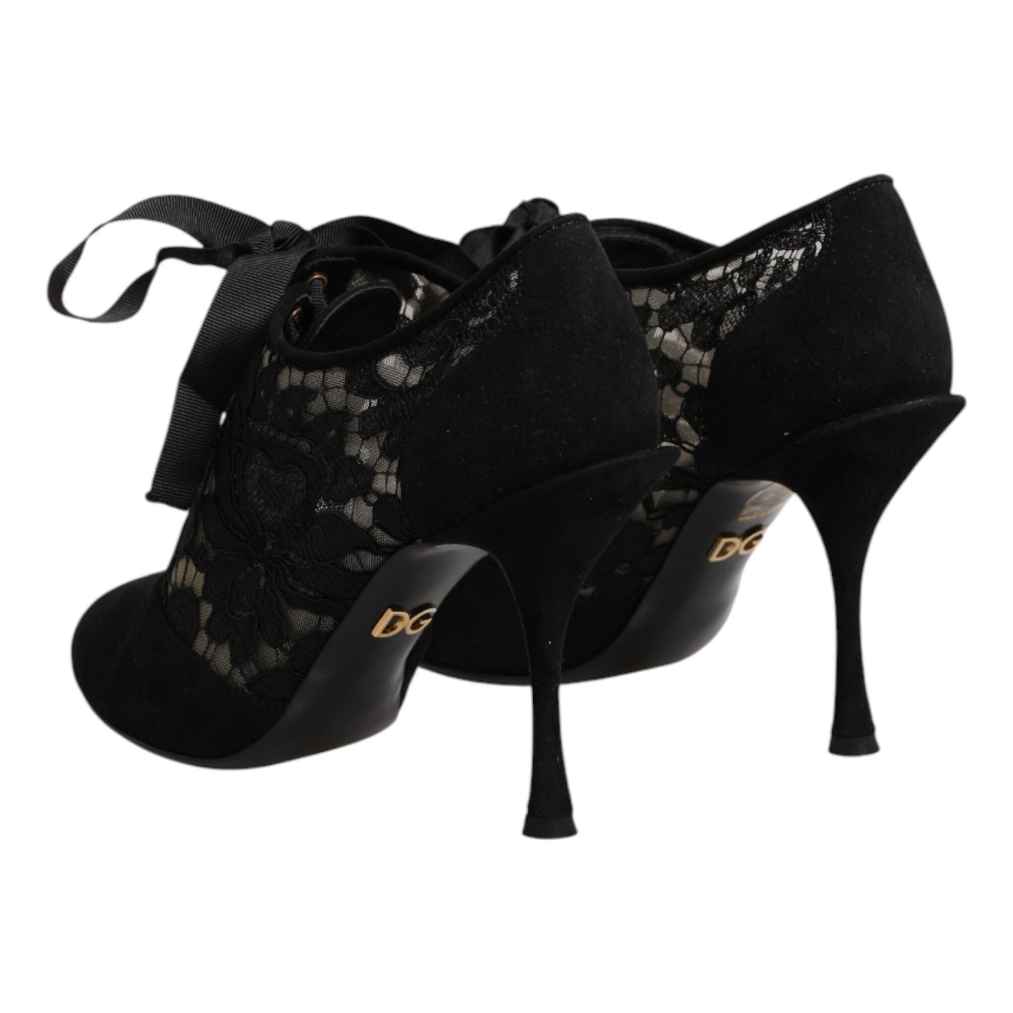 Dolce & Gabbana Black Floral High Heels LACE-UPS Pumps Shoes