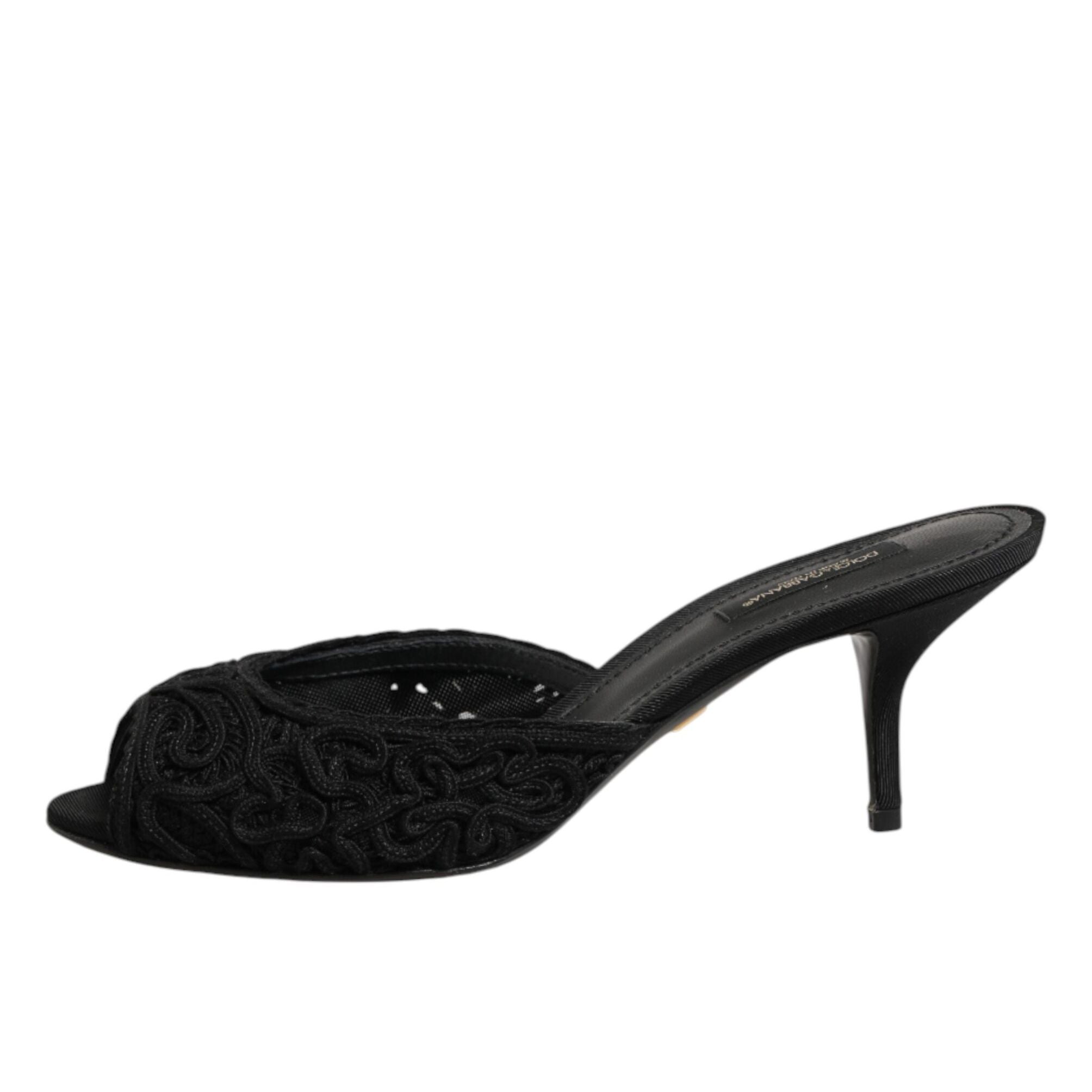 Dolce & Gabbana Black Embroidered Slip On Heels Slides Shoes
