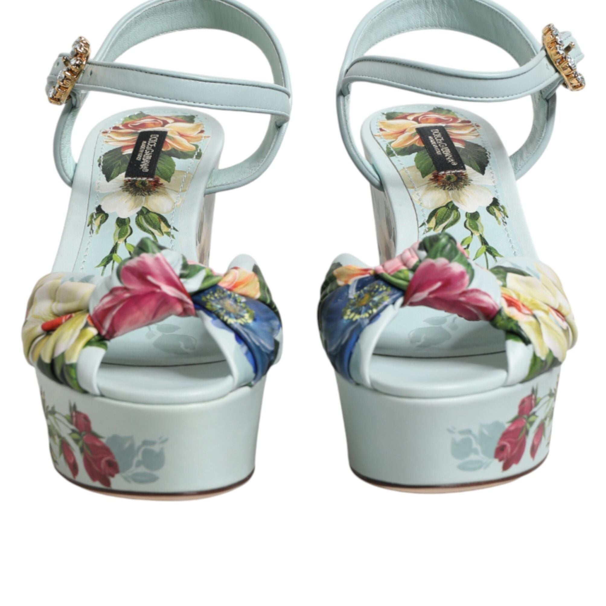 Dolce & Gabbana Green Floral Ankle Strap Wedge Sandals Shoes