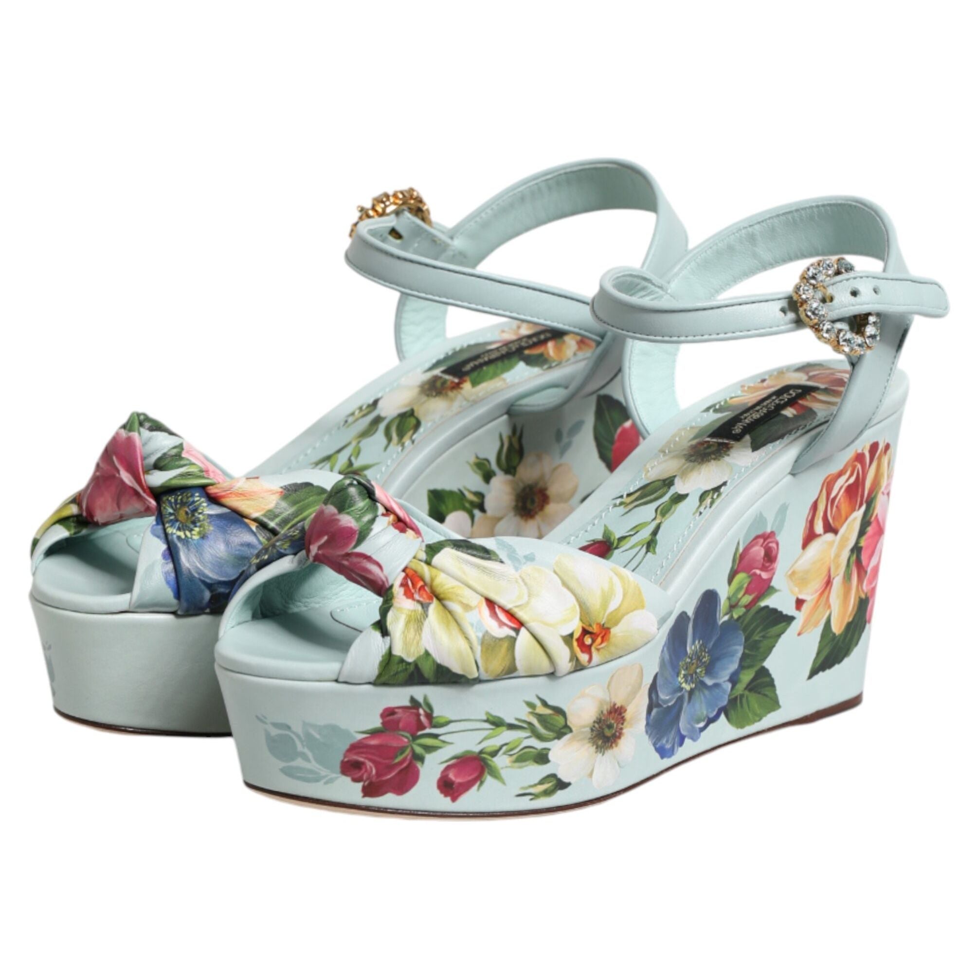 Dolce & Gabbana Green Floral Ankle Strap Wedge Sandals Shoes
