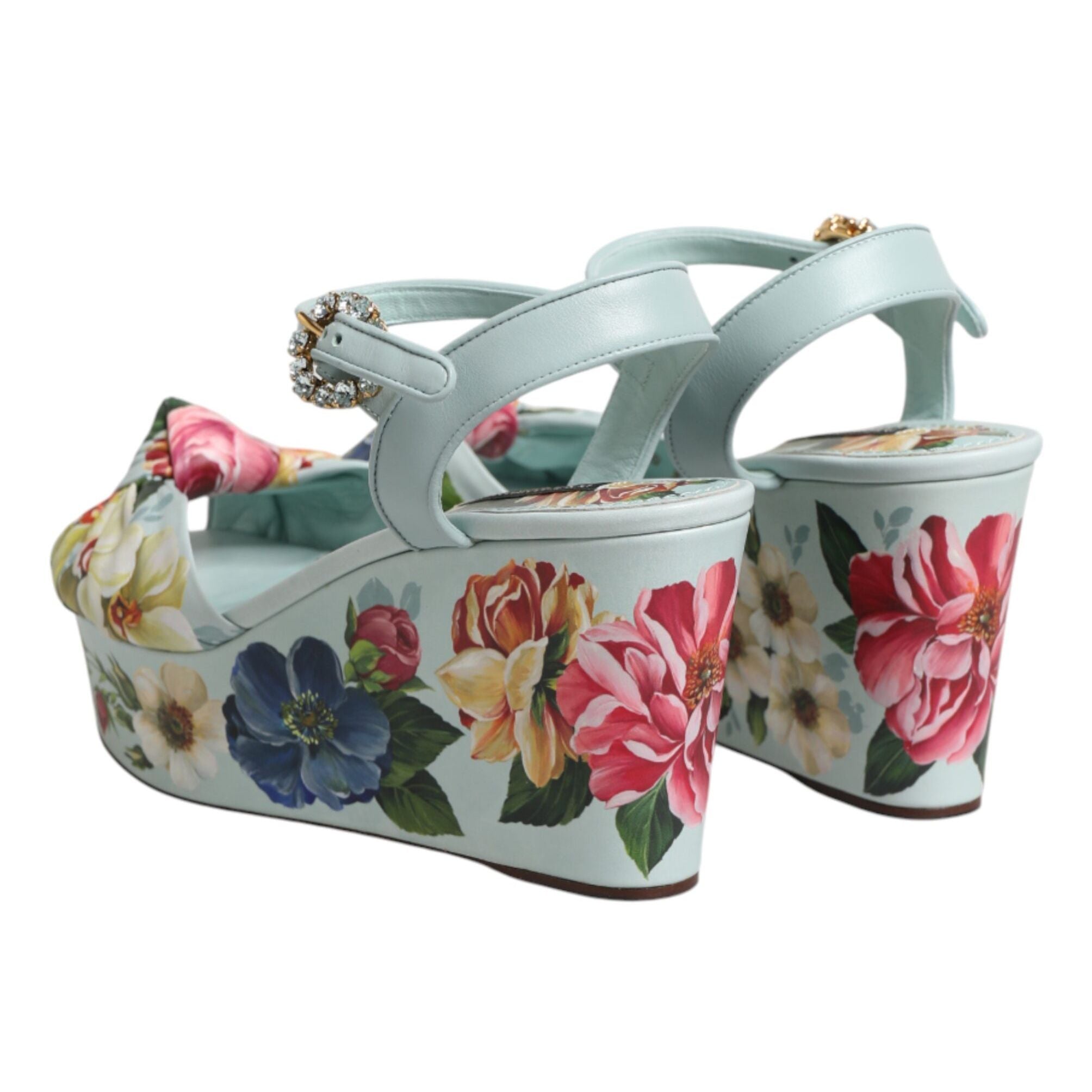 Dolce & Gabbana Green Floral Ankle Strap Wedge Sandals Shoes