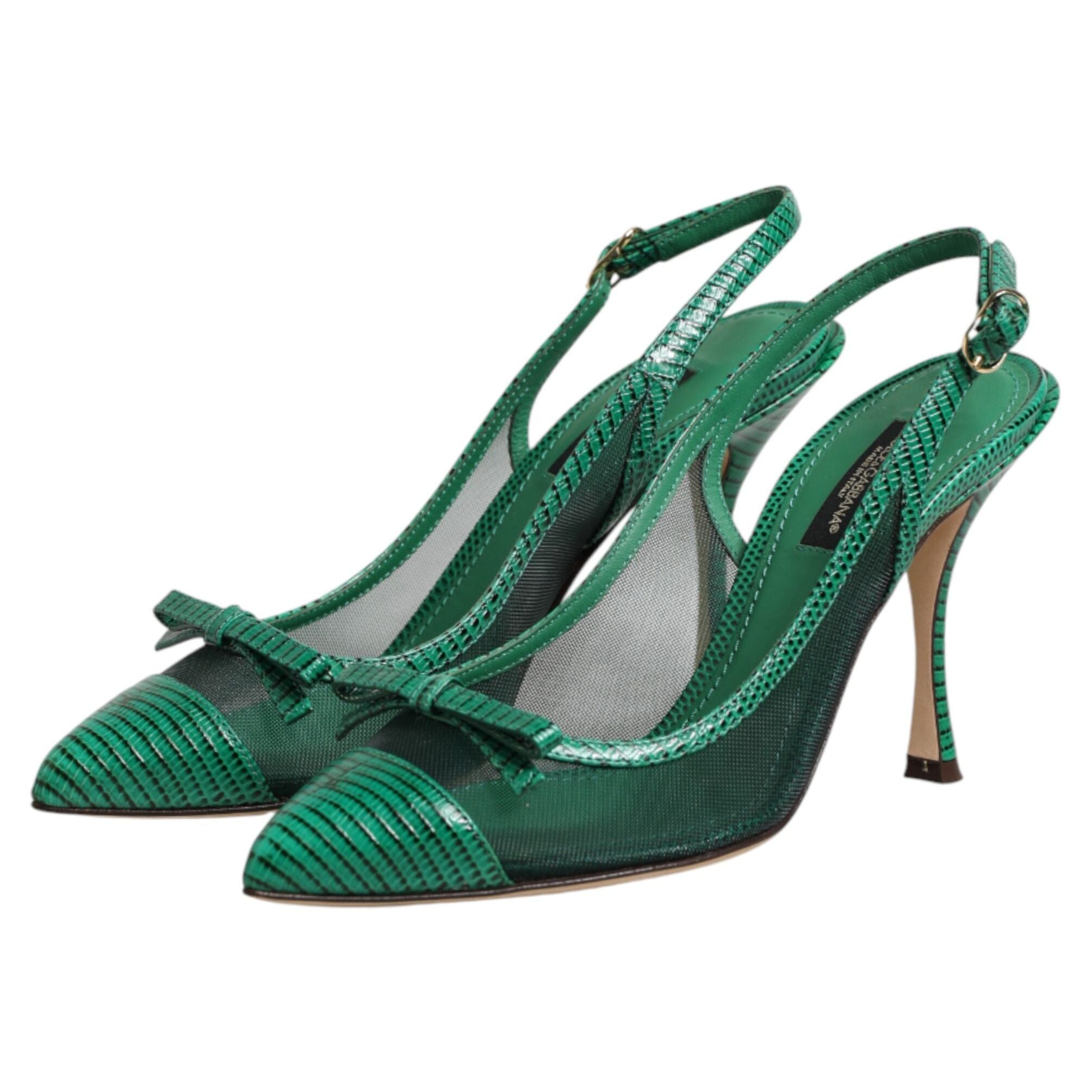 Dolce & Gabbana Green Leather Mesh Heels Slingback Shoes