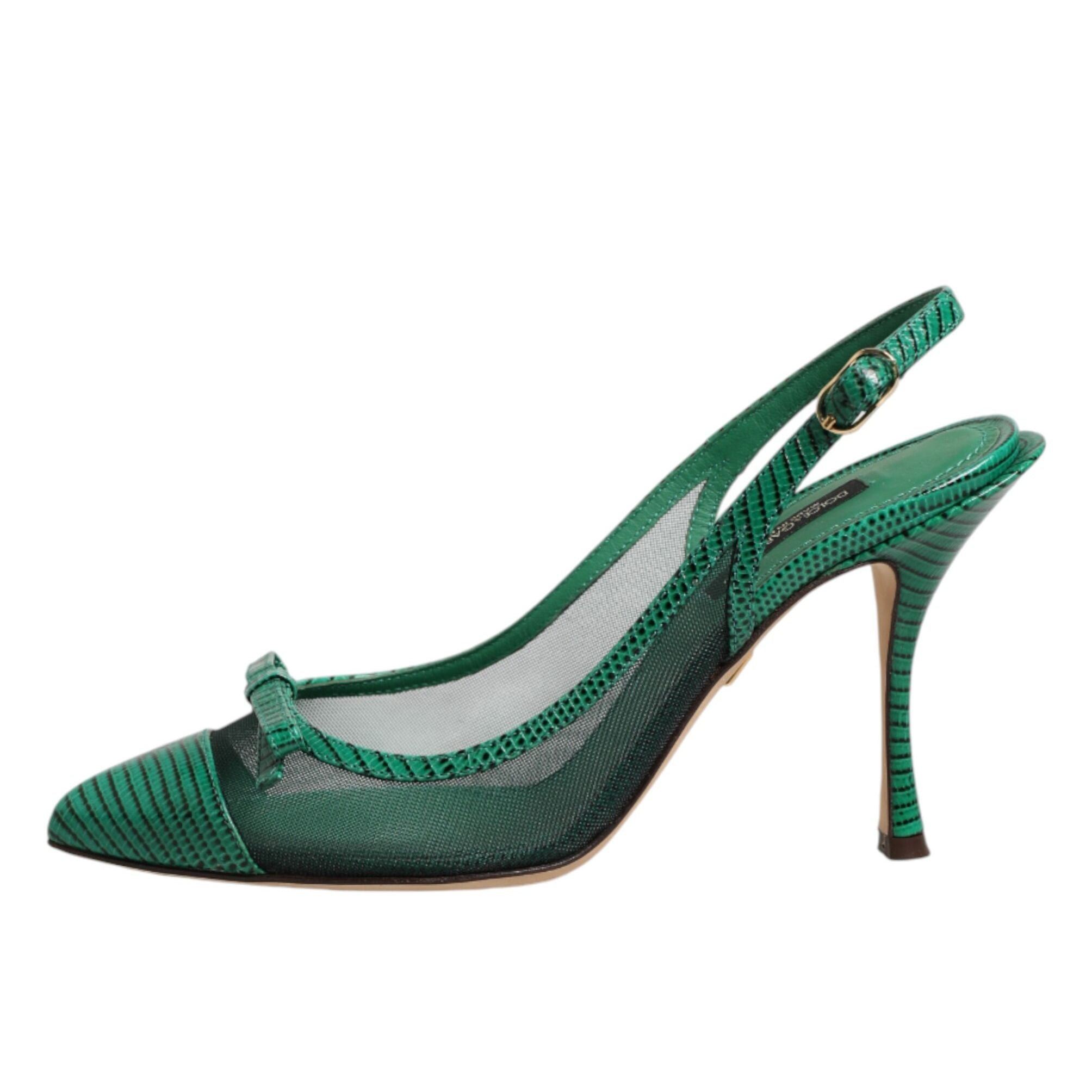 Dolce & Gabbana Green Leather Mesh Heels Slingback Shoes