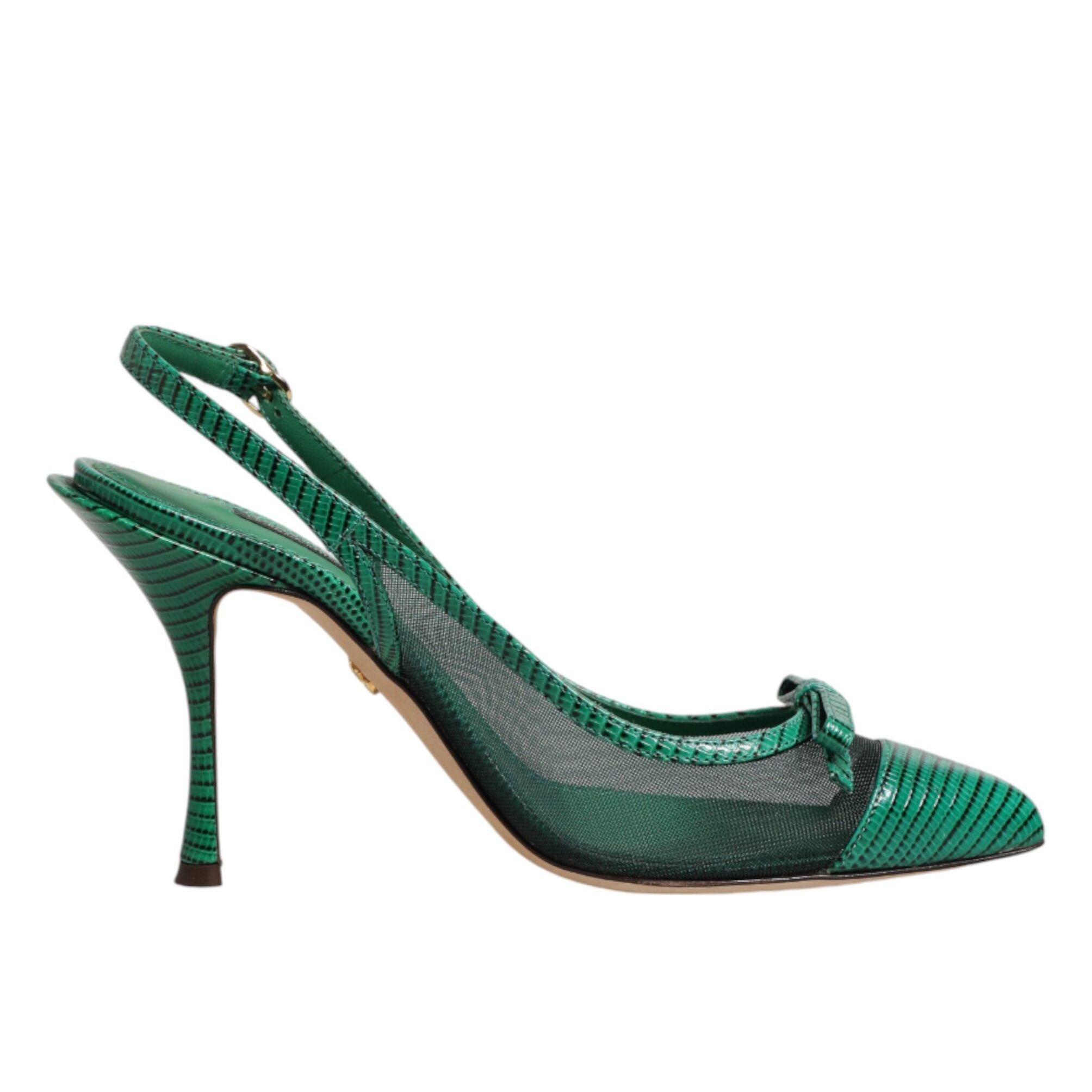 Dolce & Gabbana Green Leather Mesh Heels Slingback Shoes