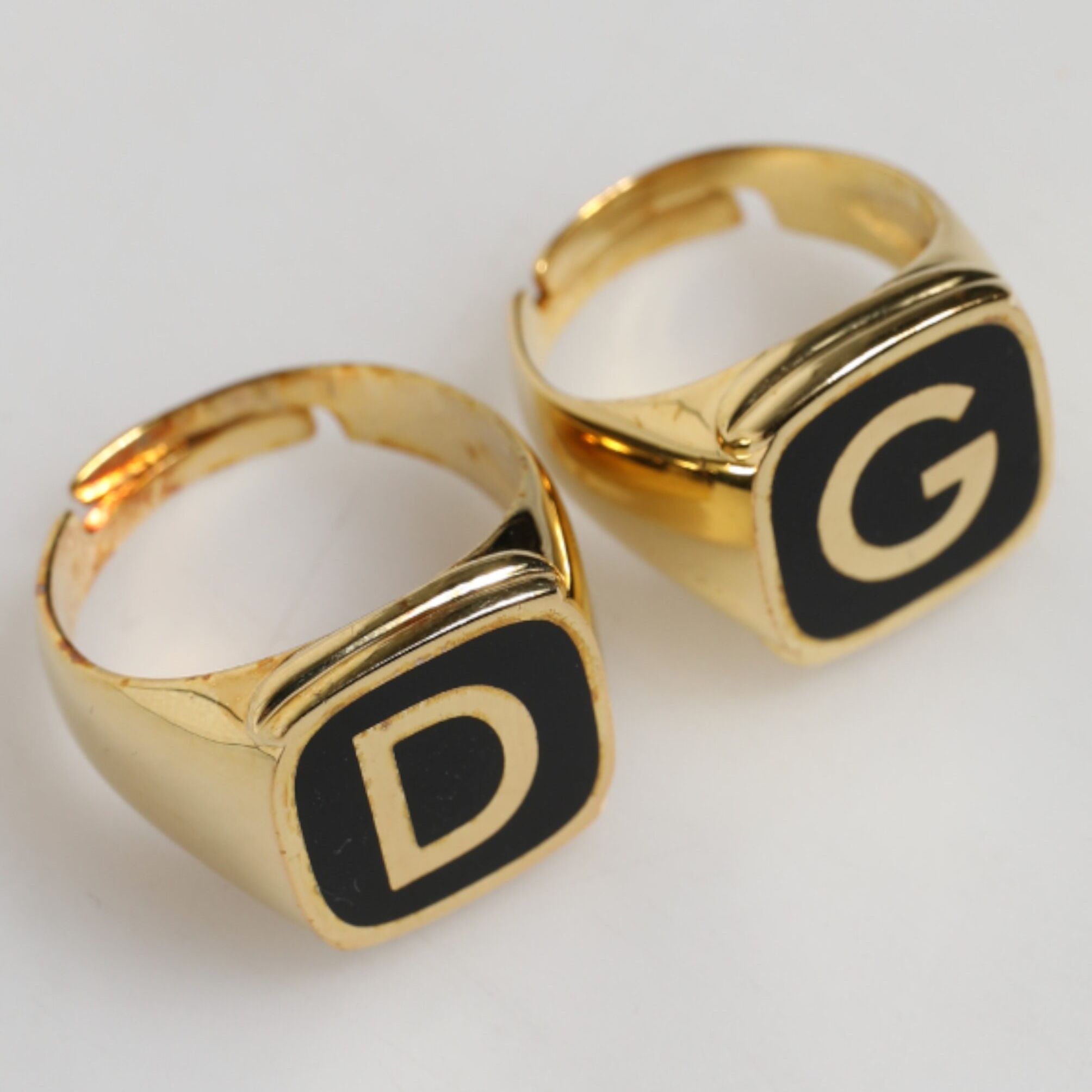 Dolce & Gabbana Gold-Tone Real Brass Black Enamel "DG" Adjustable Rings