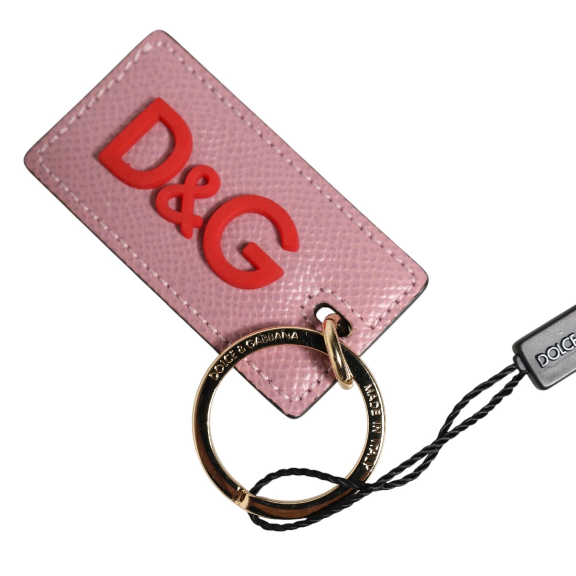 Dolce & Gabbana Pink Calf Leather Logo Metal Ring Men Keychain Keyring