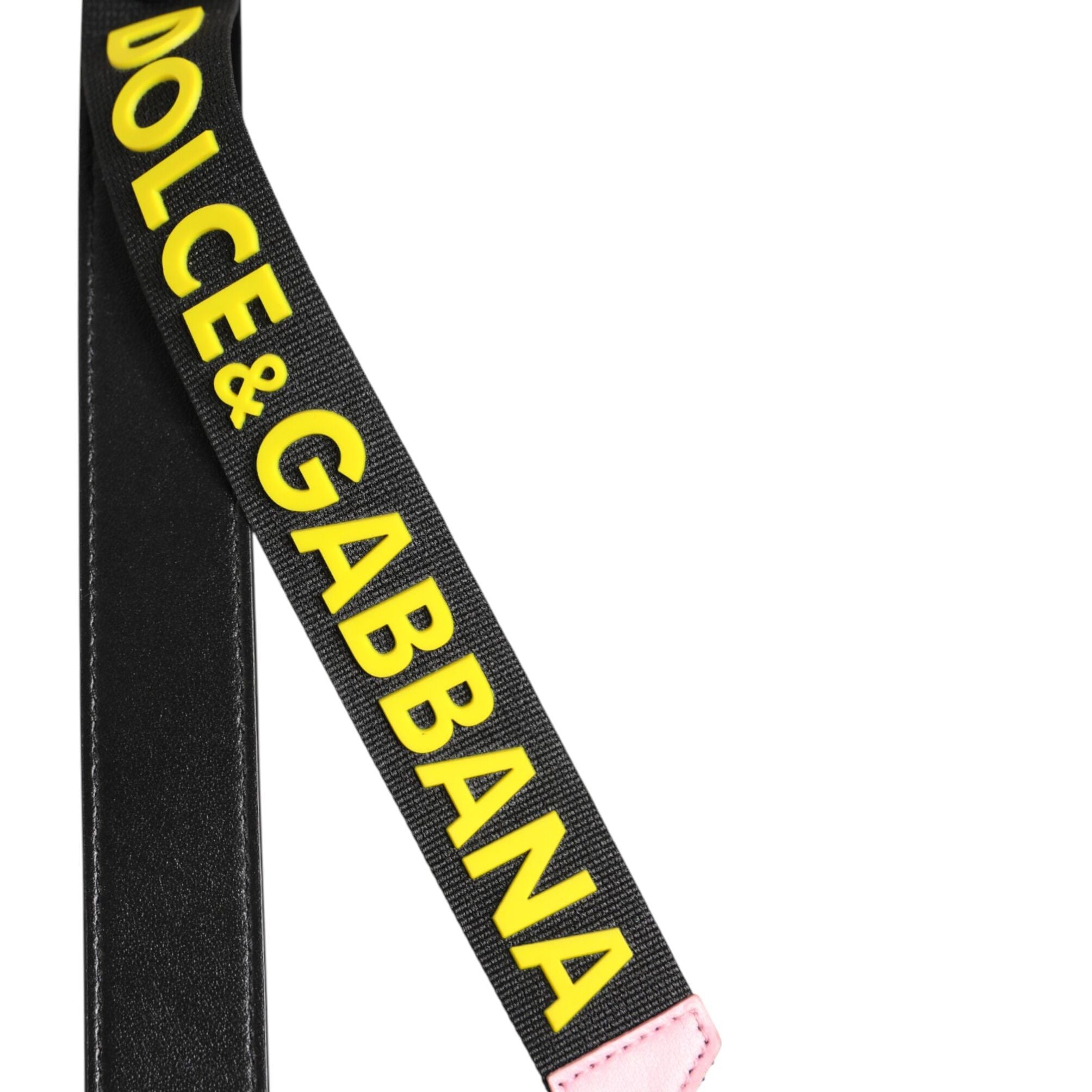 Dolce & Gabbana Black Yellow Logo Letaher Brass Holder Keychain Keyring