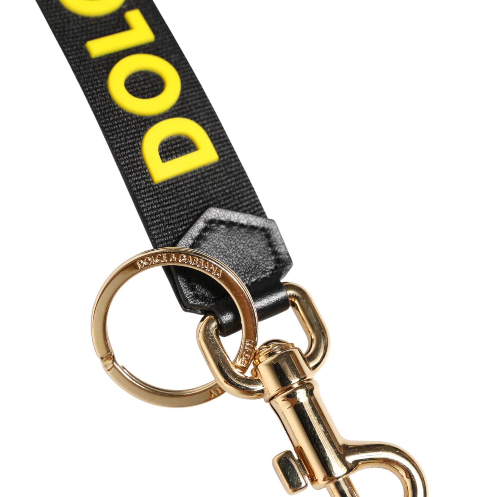 Dolce & Gabbana Black Yellow Logo Letaher Brass Holder Keychain Keyring