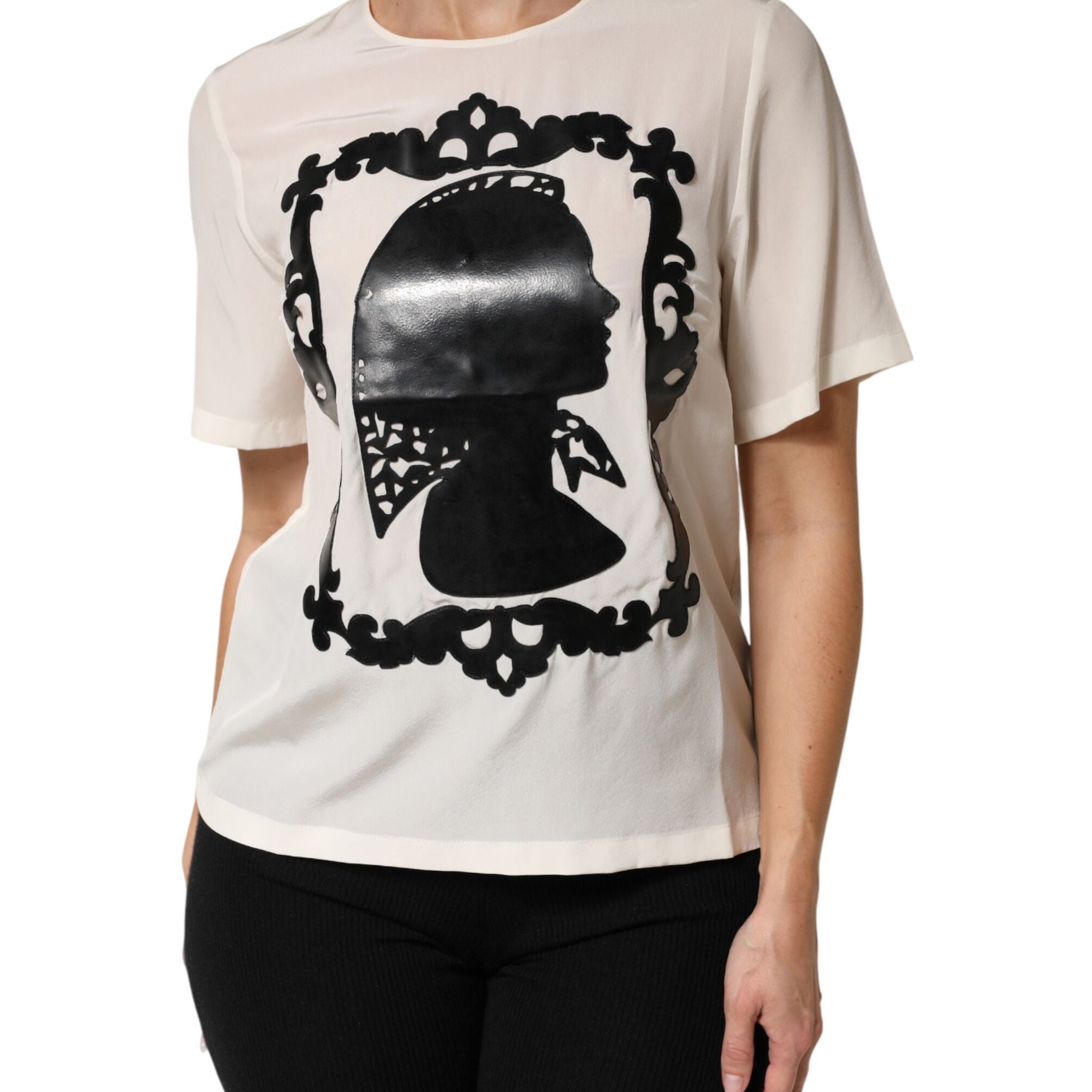 Dolce & Gabbana Cream Silk Silhouette Detail Short Sleeve Top