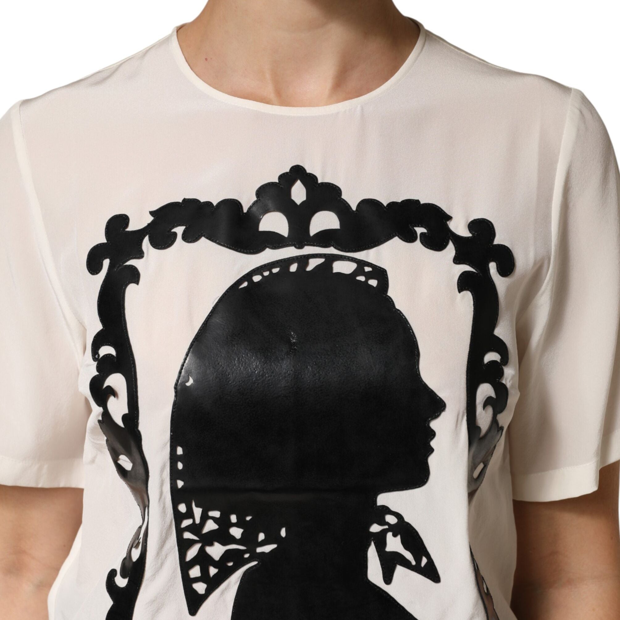 Dolce & Gabbana Cream Silk Silhouette Detail Short Sleeve Top