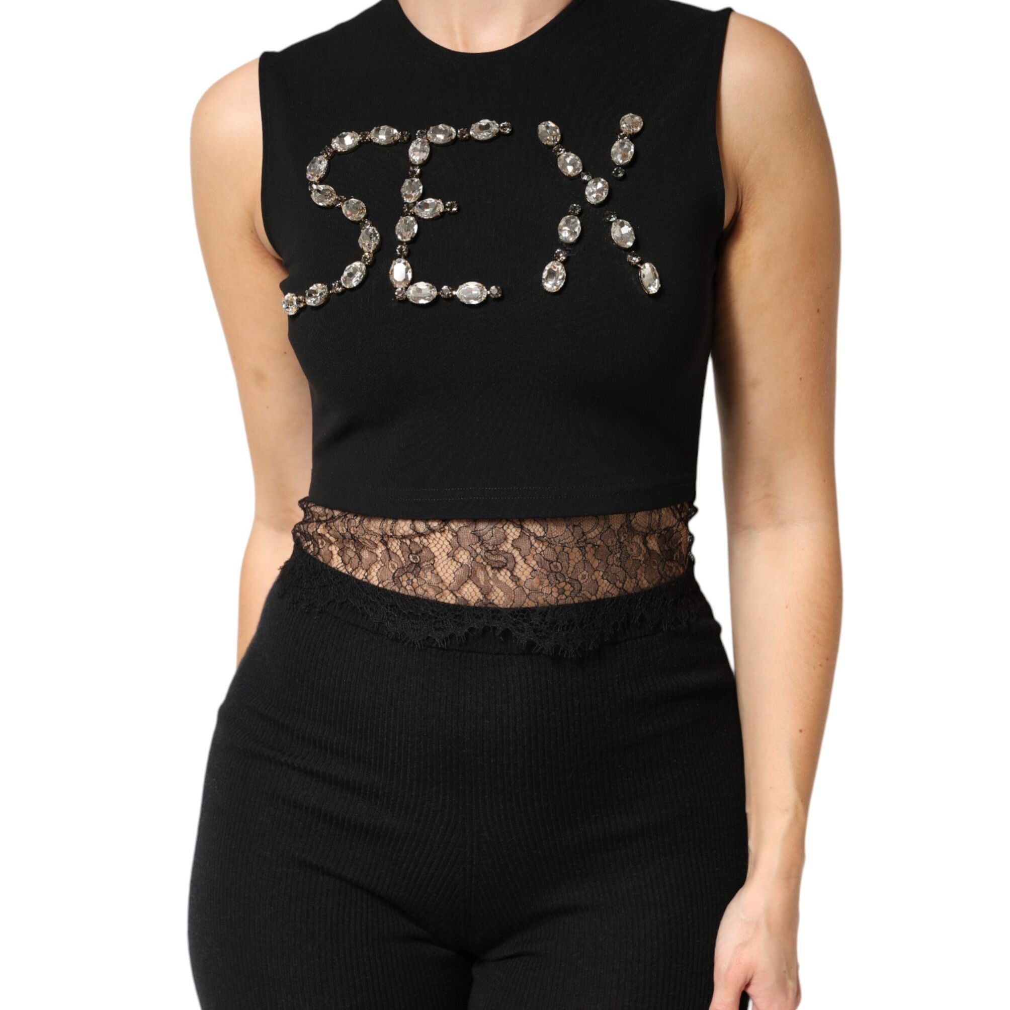 Dolce & Gabbana Black Jersey Lace Ruching Rhinestone Tank Top