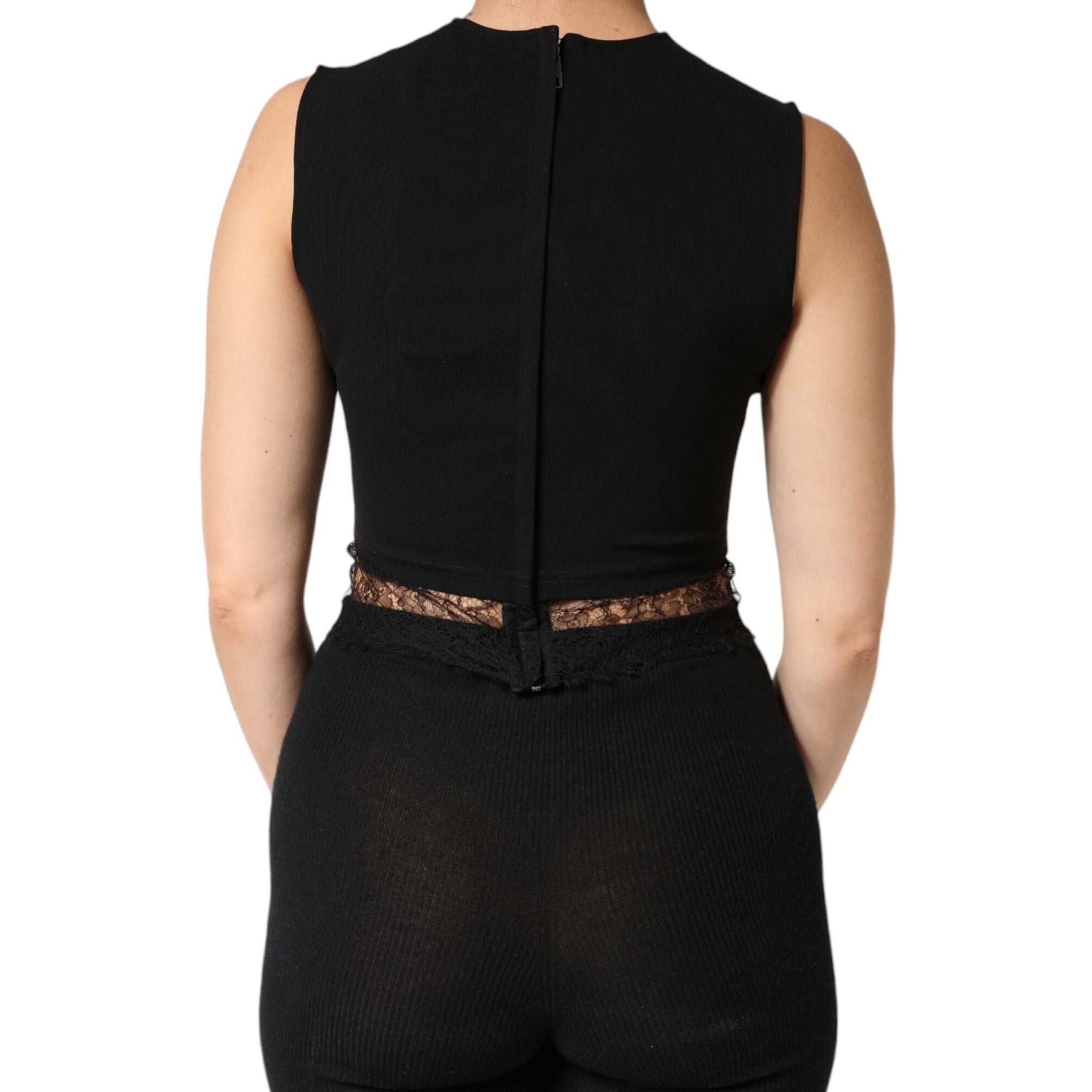 Dolce & Gabbana Black Jersey Lace Ruching Rhinestone Tank Top