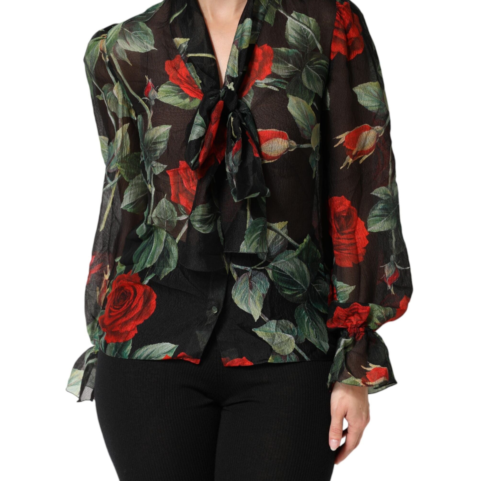 Dolce & Gabbana Black Floral Long Sleeves Silk Blouse Top