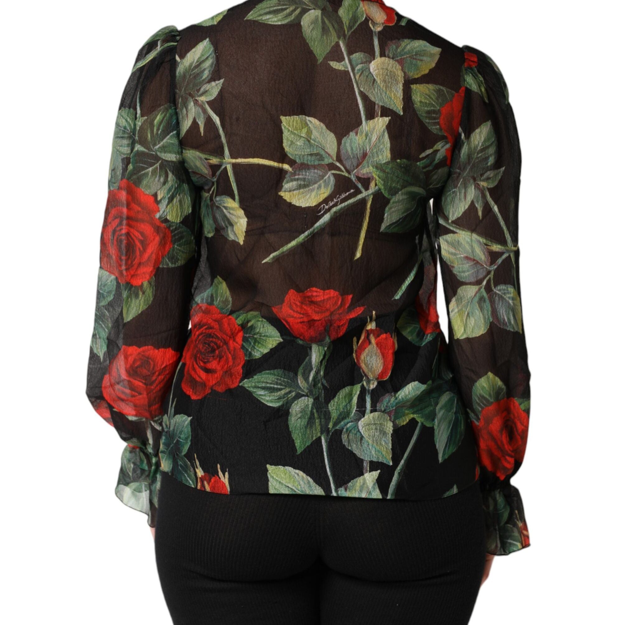 Dolce & Gabbana Black Floral Long Sleeves Silk Blouse Top