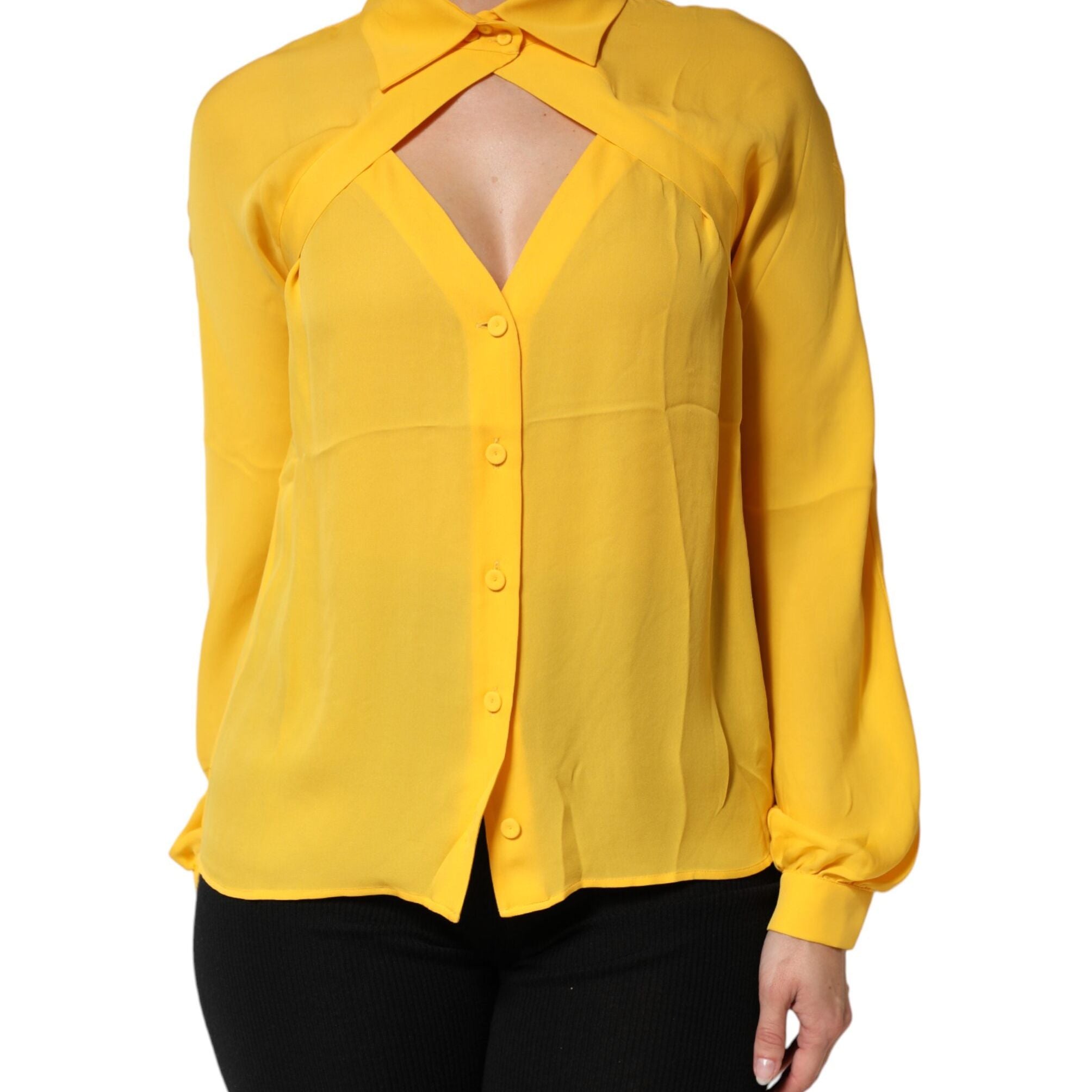 Moschino Couture Yellow Silk Collared Long Sleeves Top