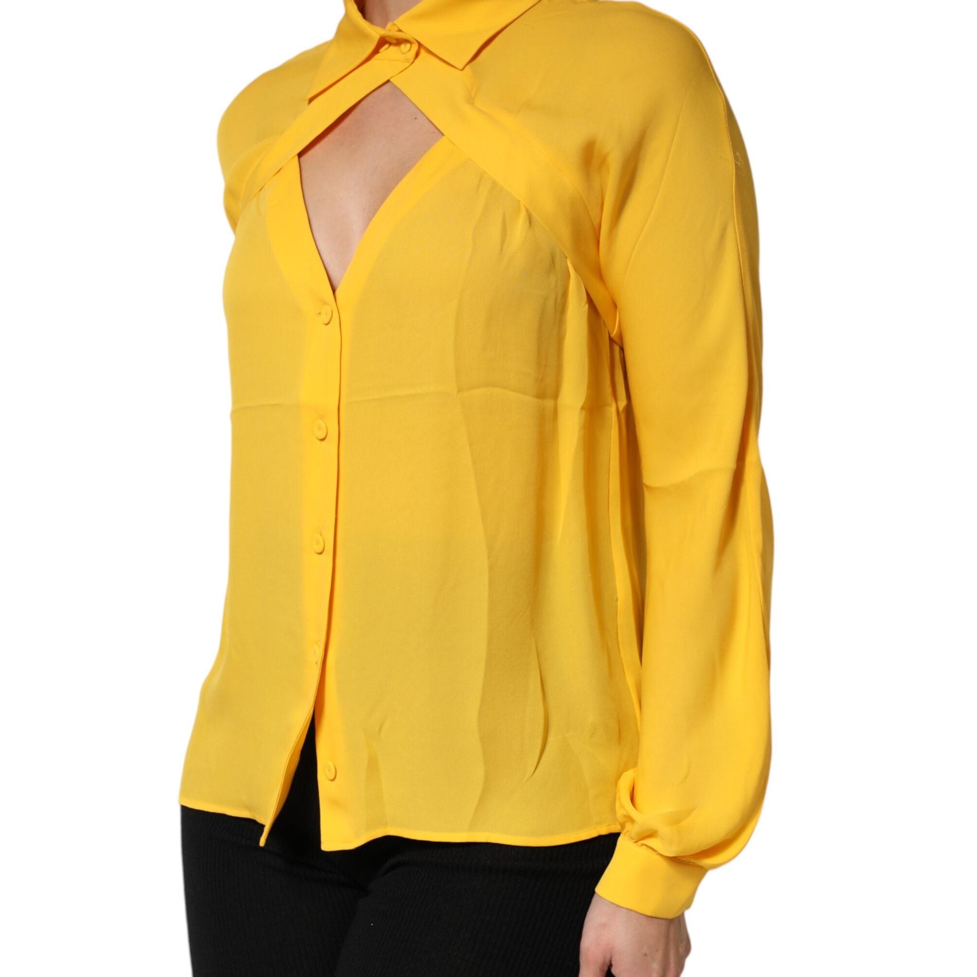 Moschino Couture Yellow Silk Collared Long Sleeves Top