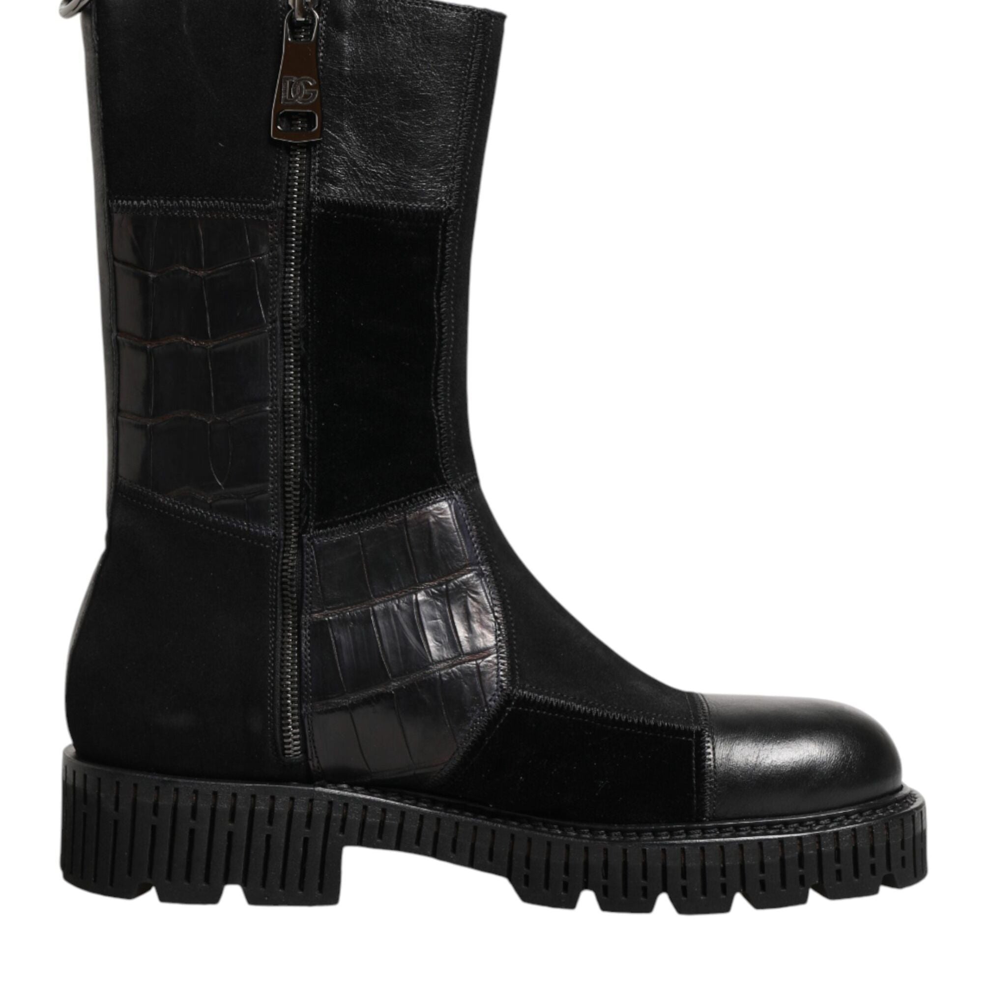 Dolce & Gabbana Black Patchwork Leather Mid Calf Boot Shoes