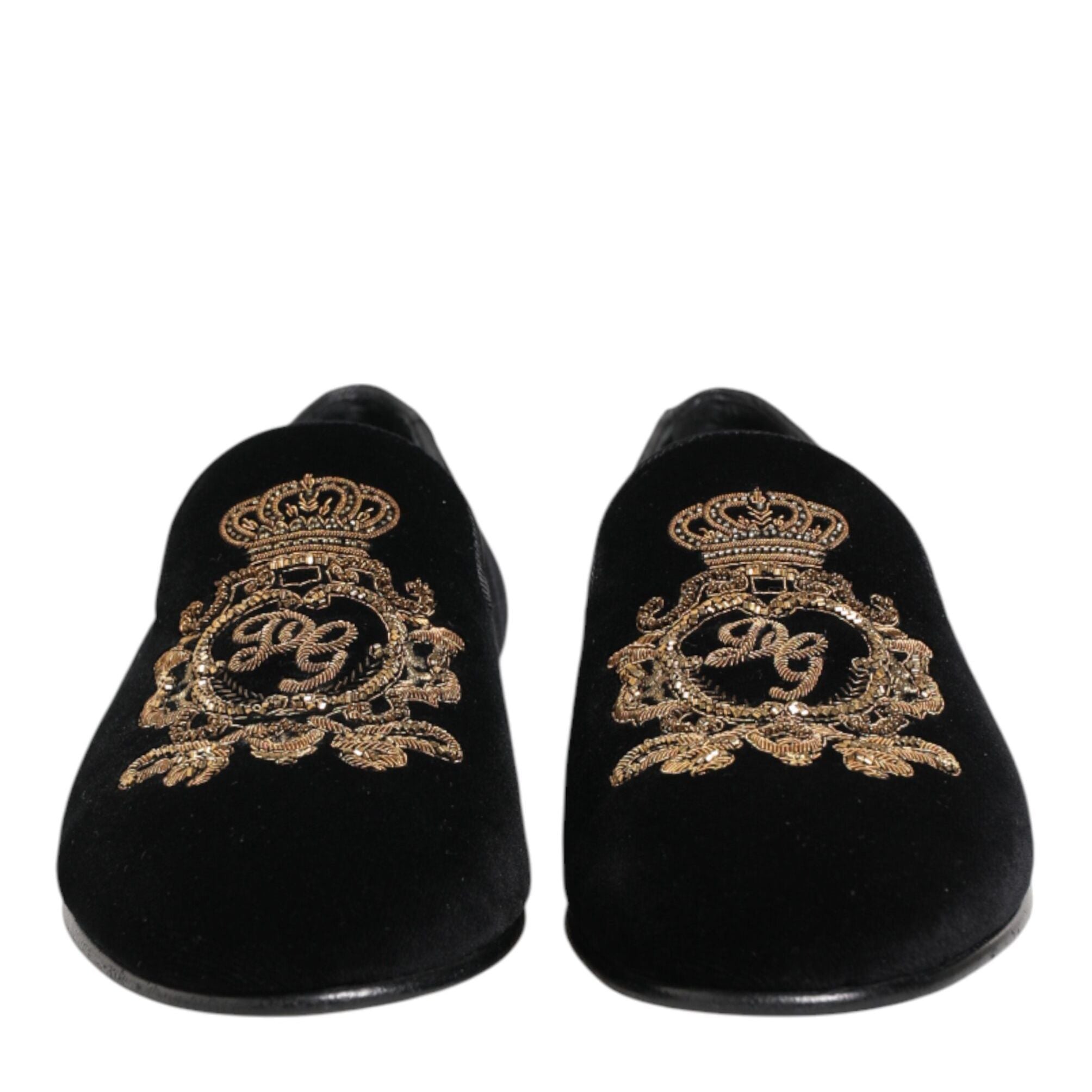 Dolce & Gabbana Black Velvet Gold Crown Mens Loafers Shoes
