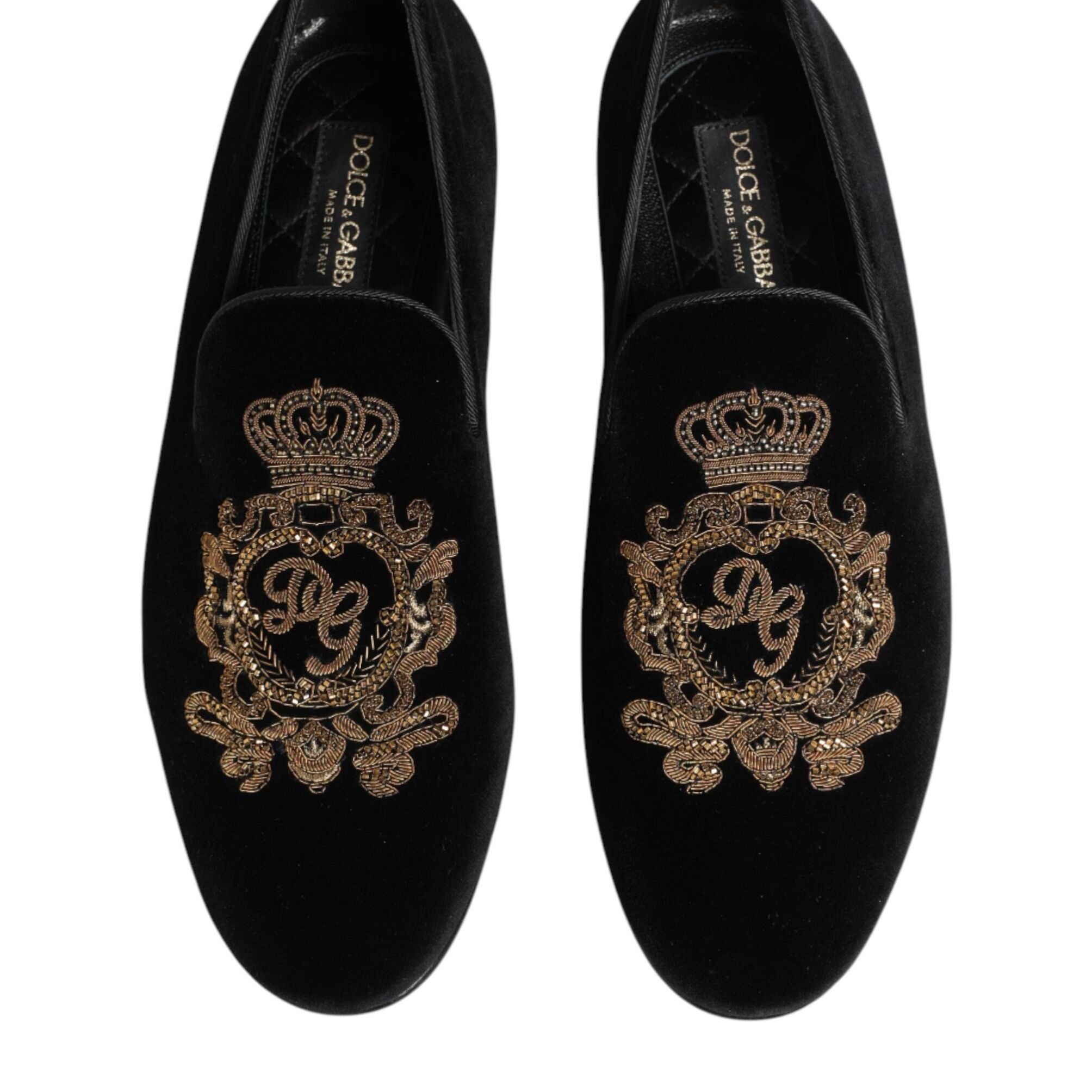 Dolce & Gabbana Black Velvet Gold Crown Mens Loafers Shoes