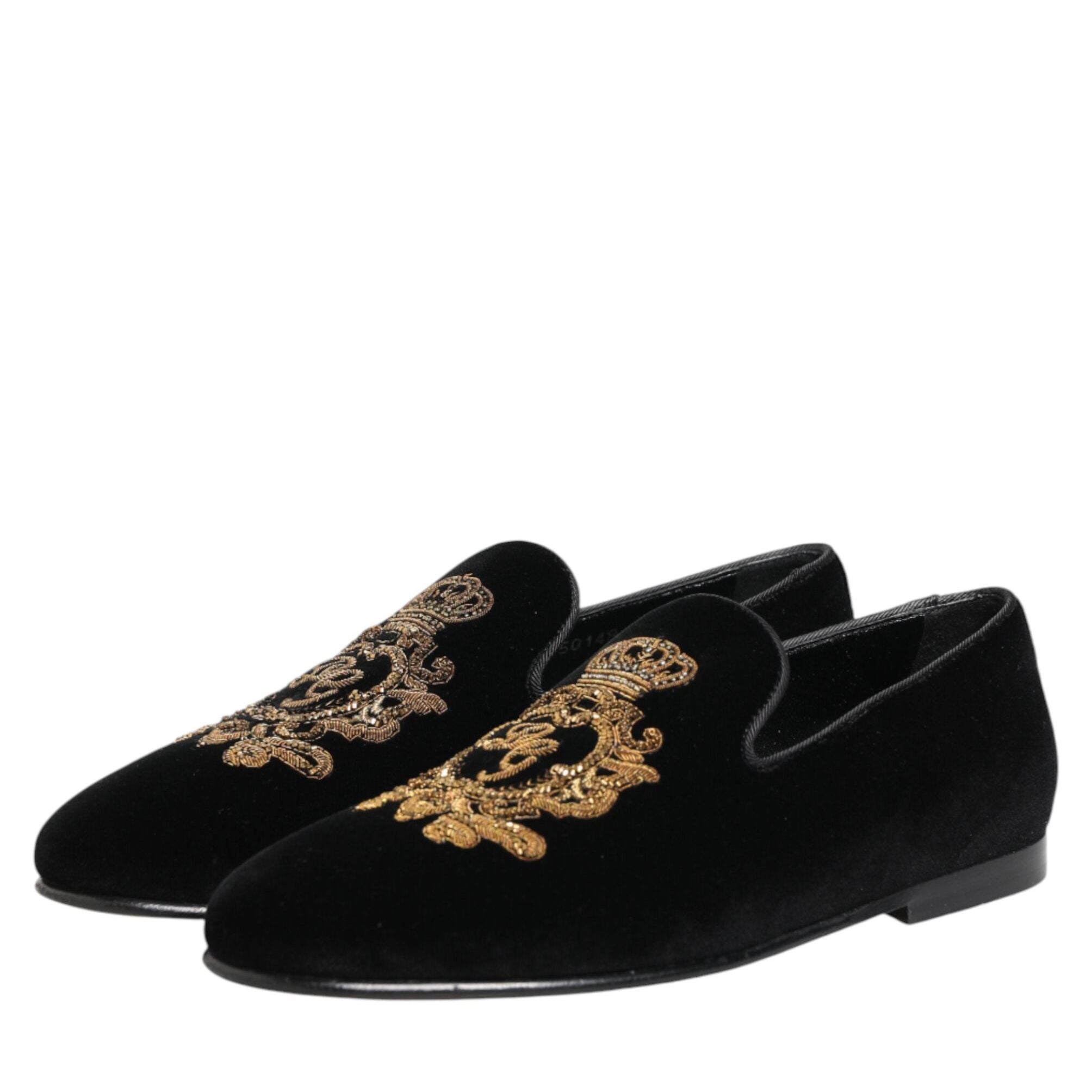 Dolce & Gabbana Black Velvet Gold Crown Mens Loafers Shoes