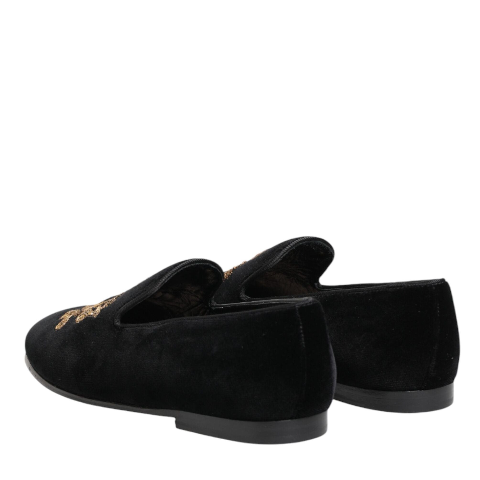 Dolce & Gabbana Black Velvet Gold Crown Mens Loafers Shoes
