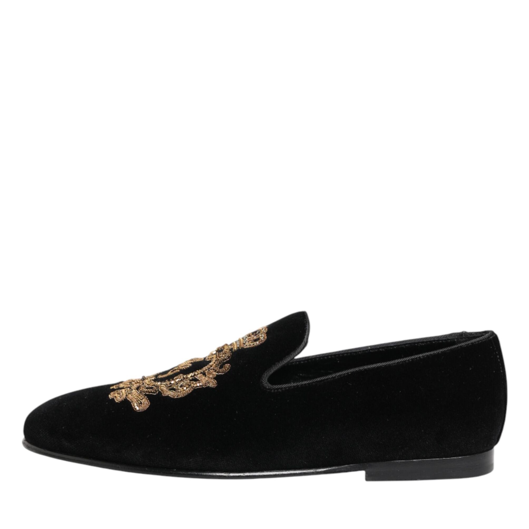 Dolce & Gabbana Black Velvet Gold Crown Mens Loafers Shoes