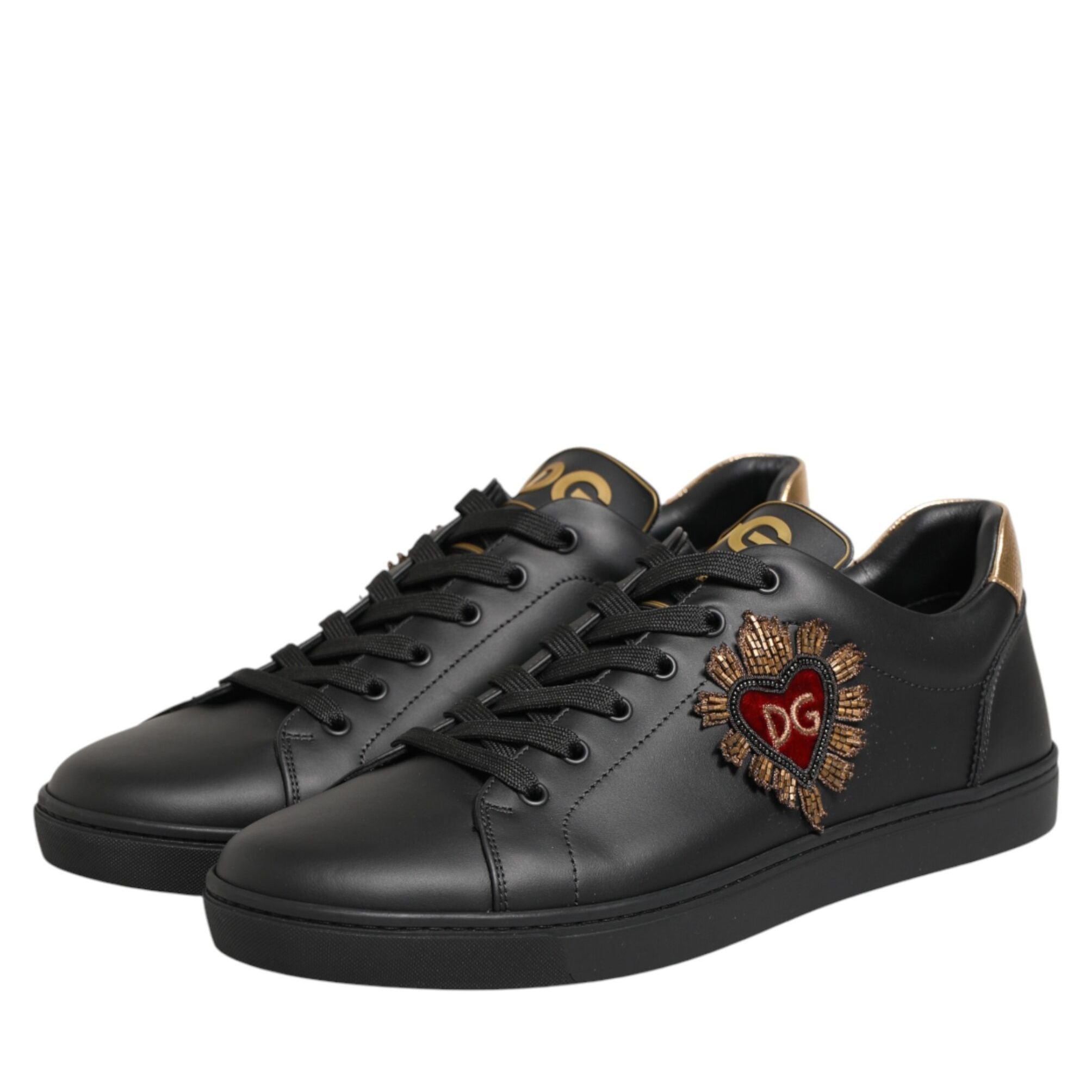 Dolce & Gabbana Black Leather Heart Embellished Sneakers Shoes