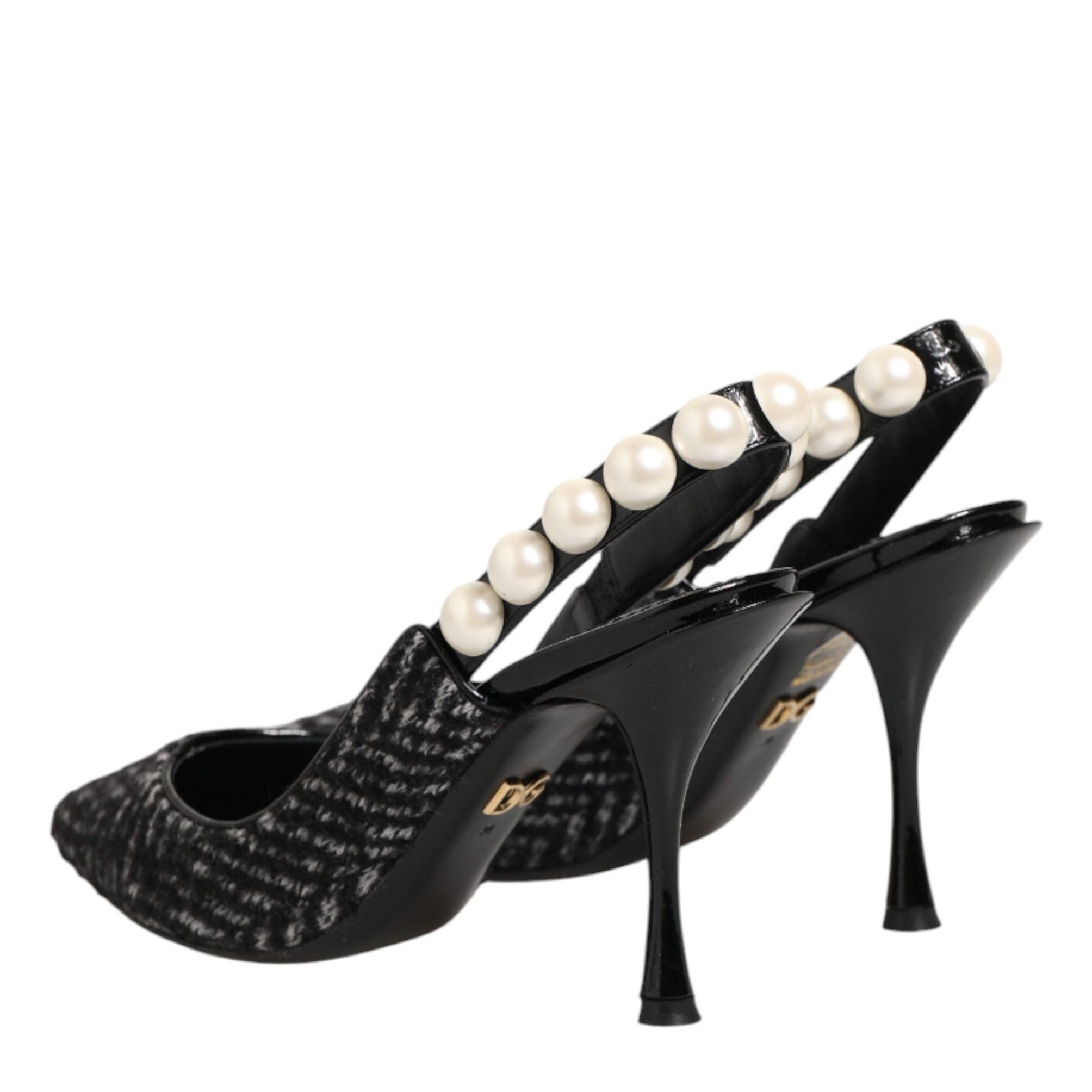 Dolce & Gabbana White Black Chevron Faux Pearl Slingbacks Shoes