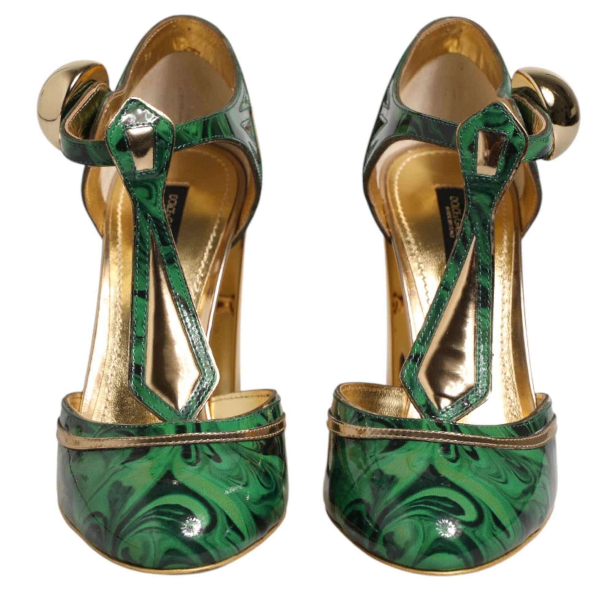 Dolce & Gabbana Green Leather T-STRAPS Heels Sandals Shoes