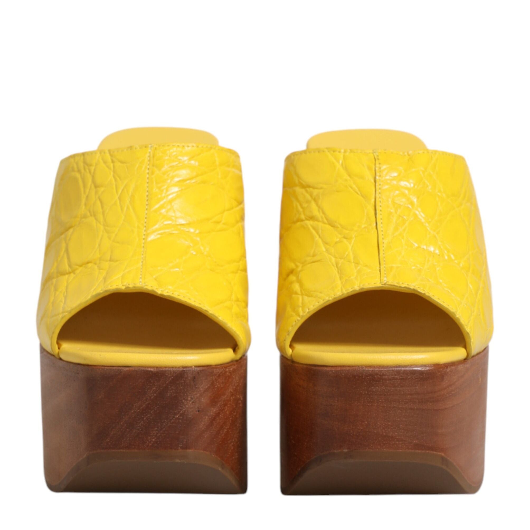 Dolce & Gabbana Yellow Leather Wood Mule Wedge Slides Shoes
