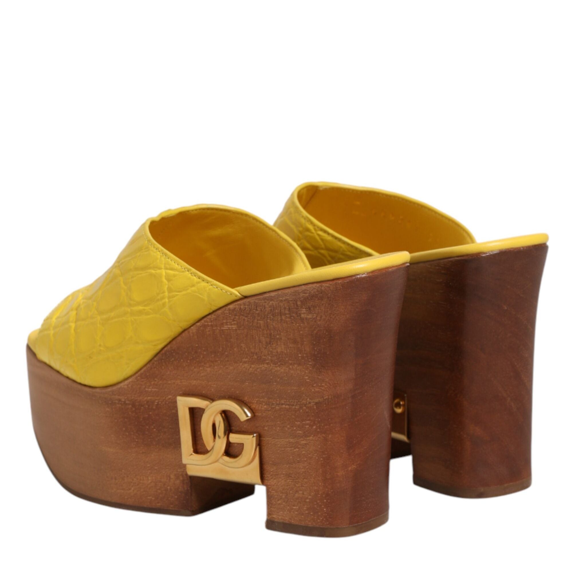 Dolce & Gabbana Yellow Leather Wood Mule Wedge Slides Shoes
