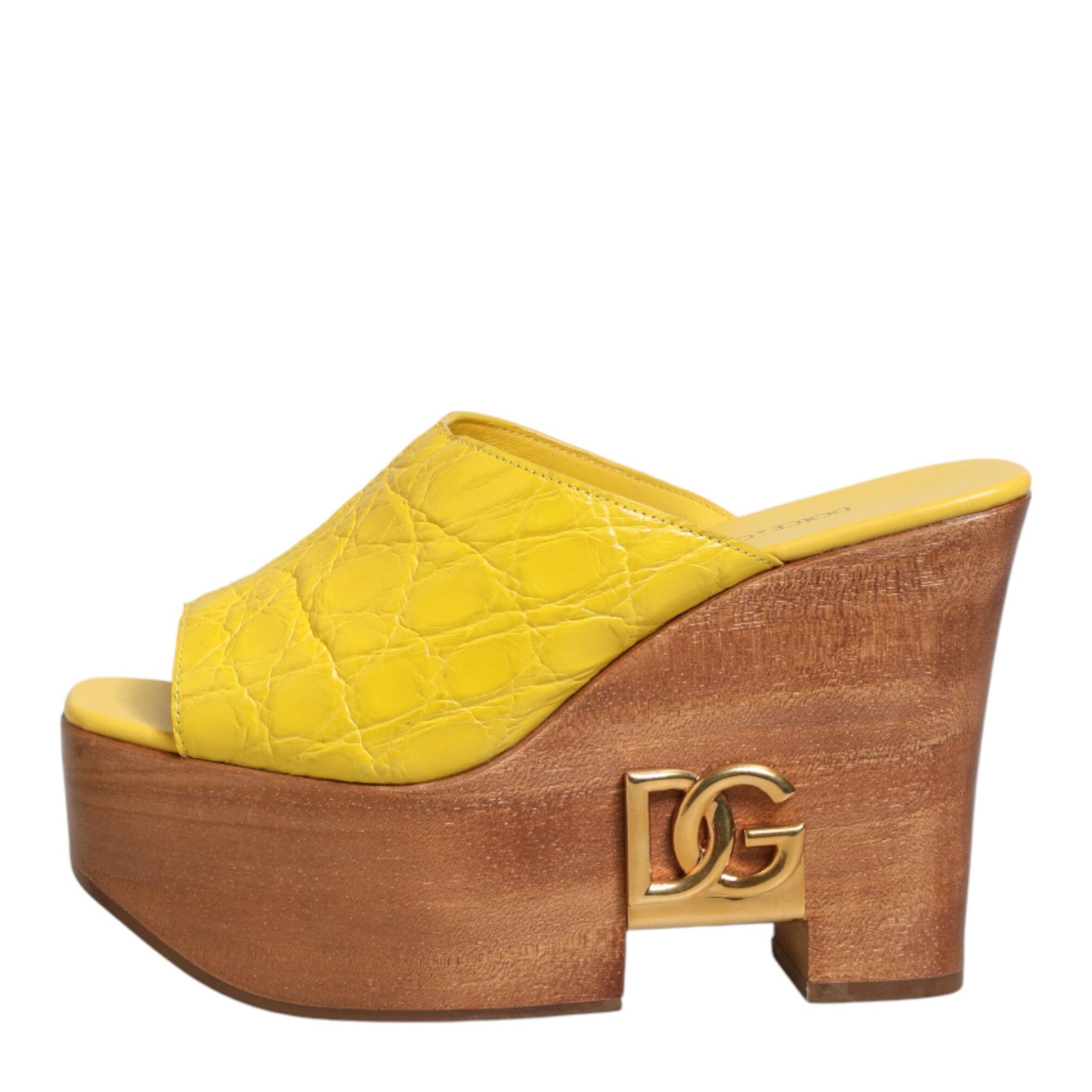Dolce & Gabbana Yellow Leather Wood Mule Wedge Slides Shoes