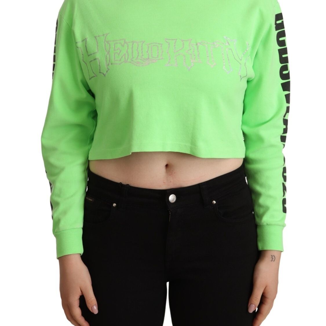 GCDS Mint Green Printed Long Sleeves Cropped Top Sweater
