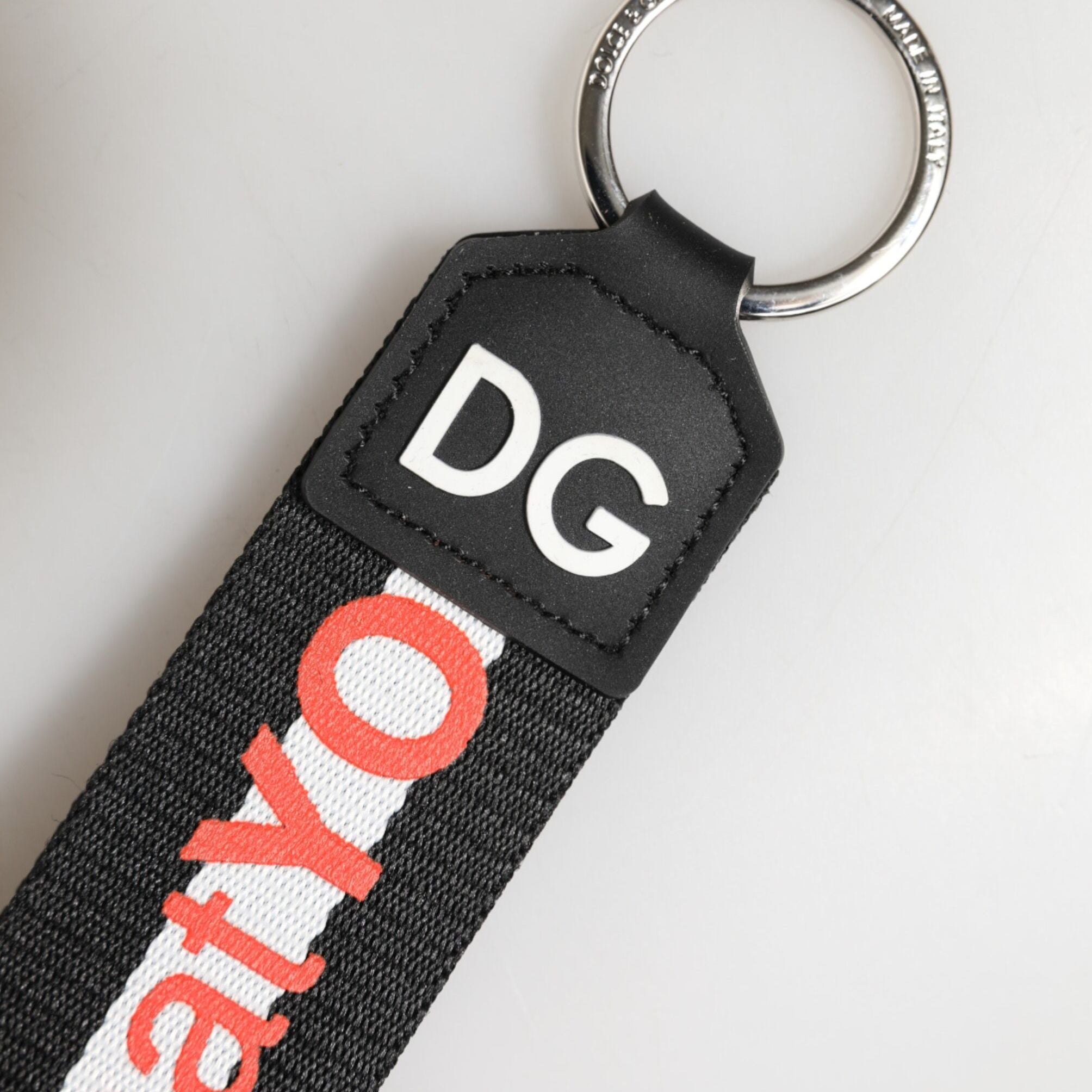 Dolce & Gabbana Black Logo Polyester Silver Brass Holder Keychain Keyring