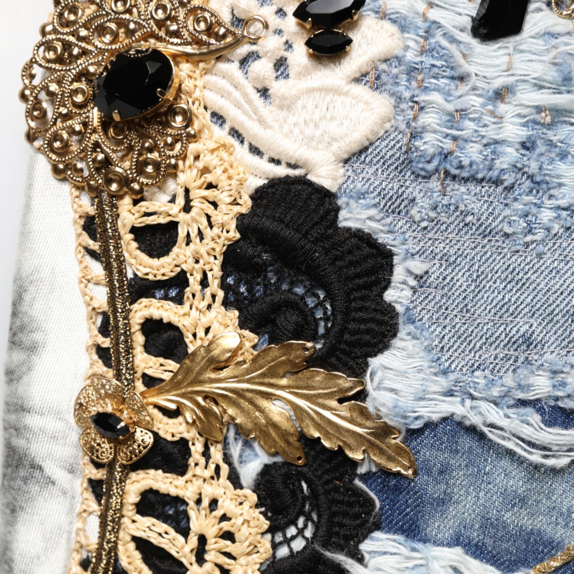 Dolce & Gabbana Blue Ripped Embellished Cotton Denim Jeans
