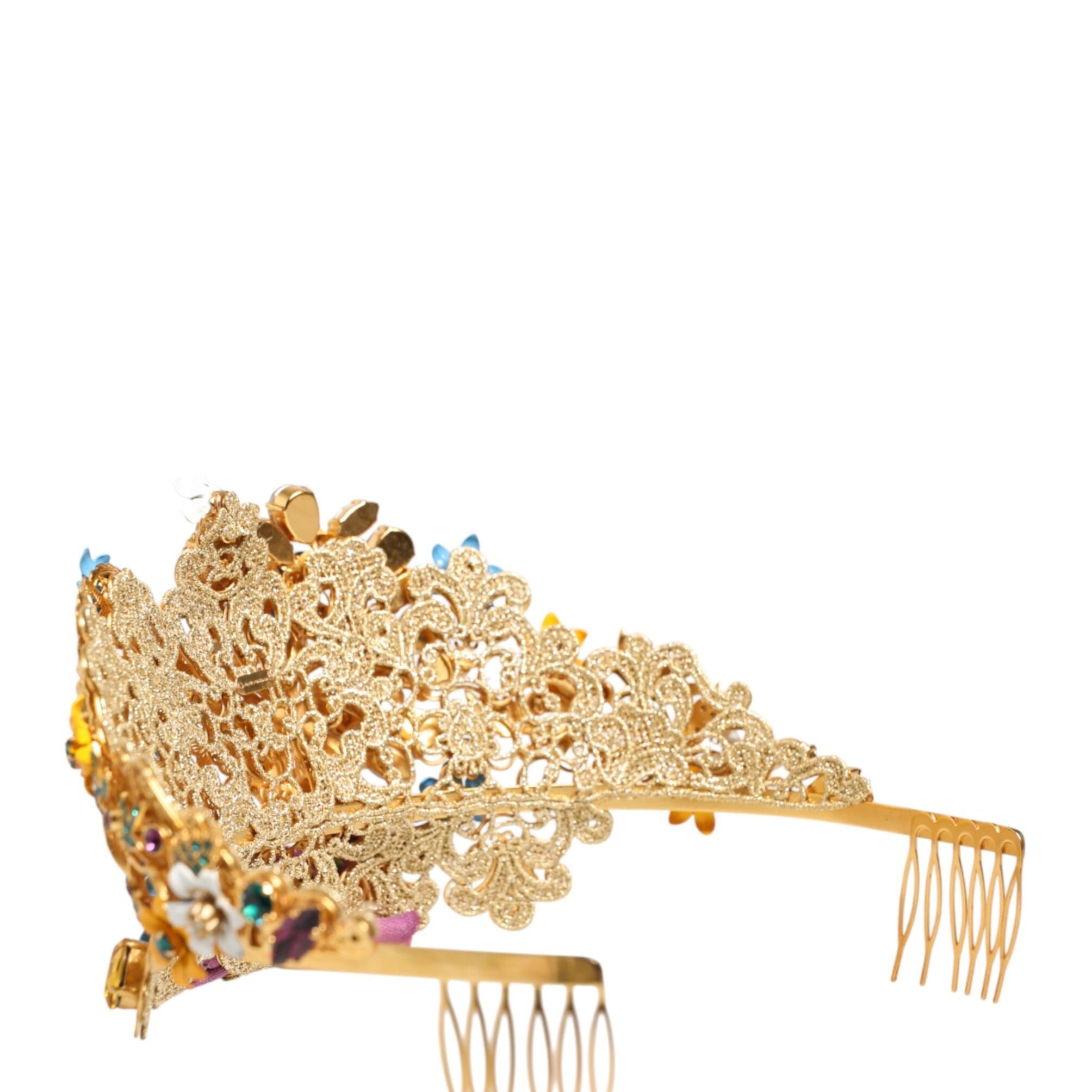 Dolce & Gabbana Gold Brass Crystal Floral Hortensia Crown Headband Tiara