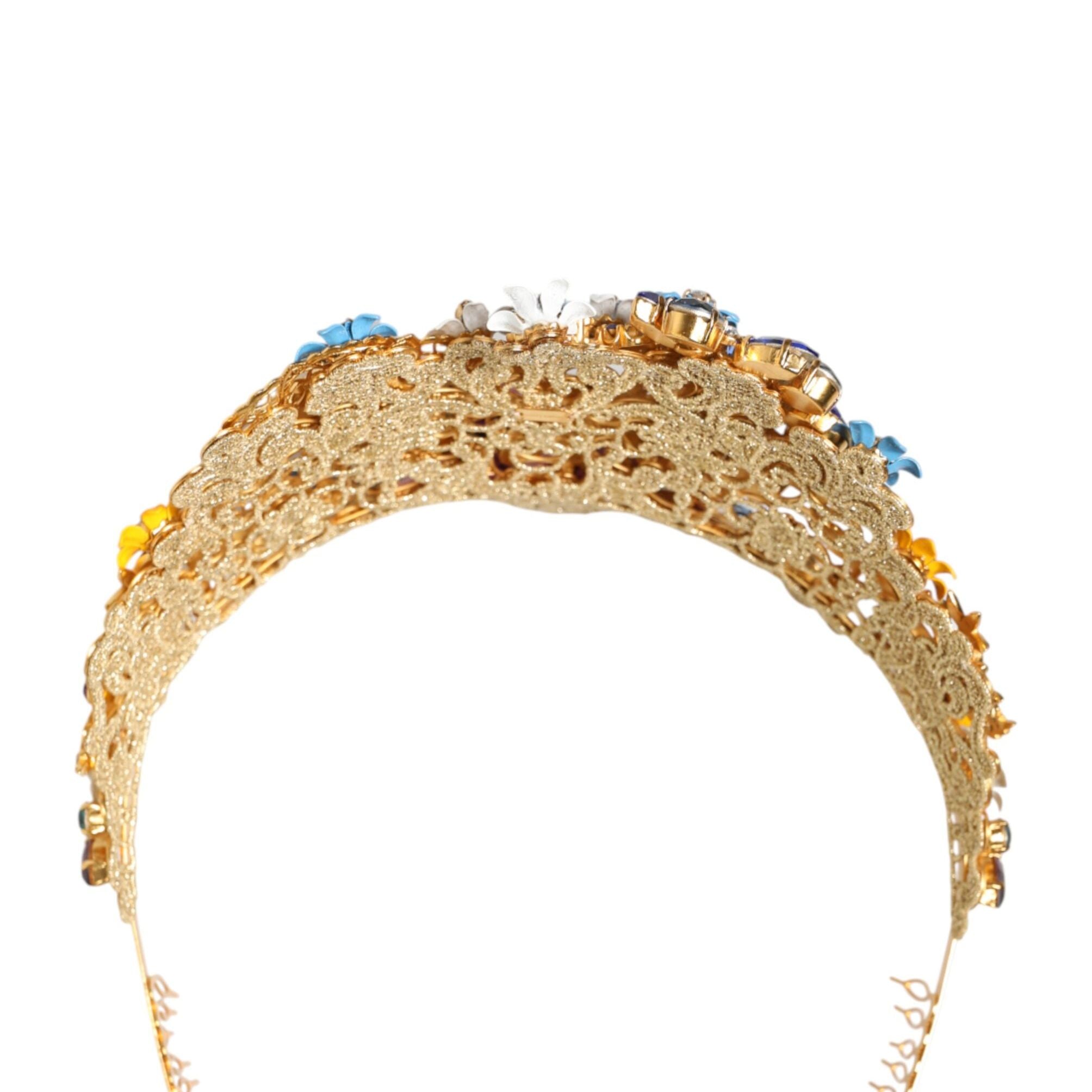 Dolce & Gabbana Gold Brass Crystal Floral Hortensia Crown Headband Tiara