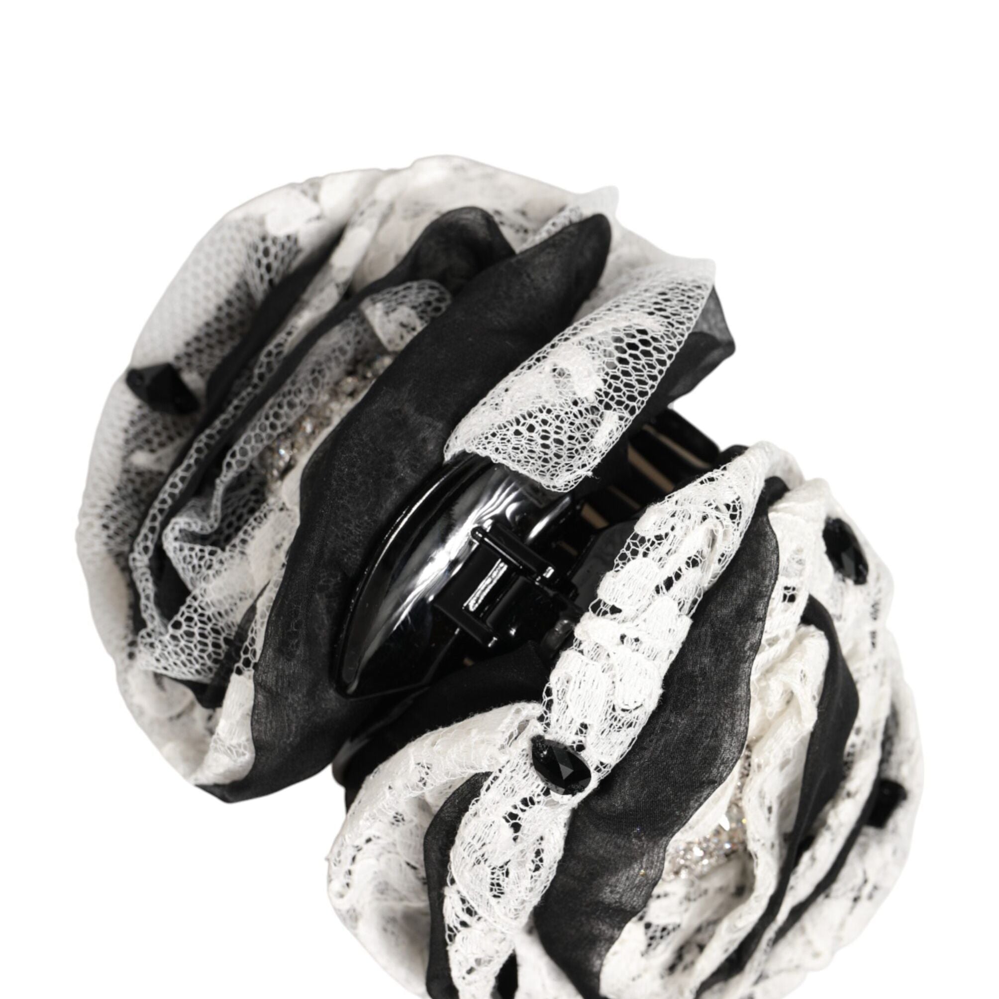 Dolce & Gabbana Black White Silk Floral Lace Crystal Accessory Hair Claw