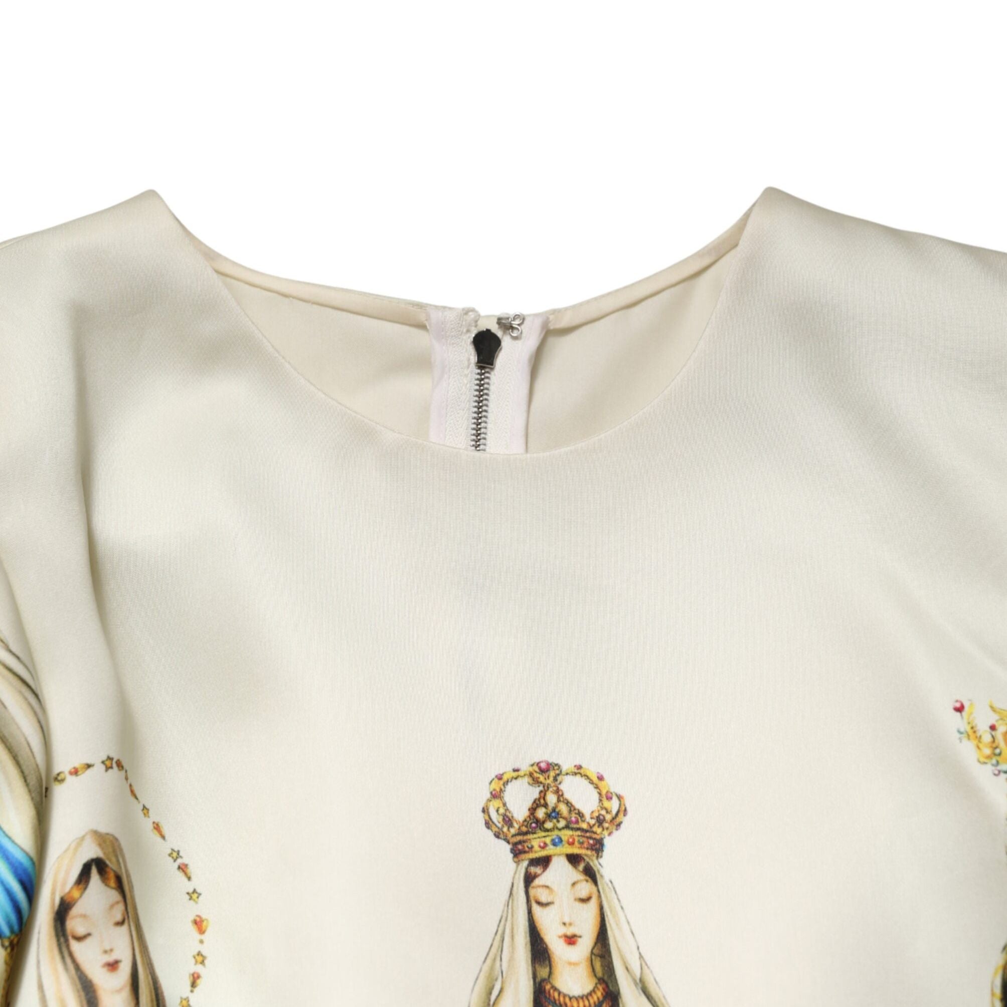 Dolce & Gabbana Beige Madonne Print Silk Short Sleeve Dress