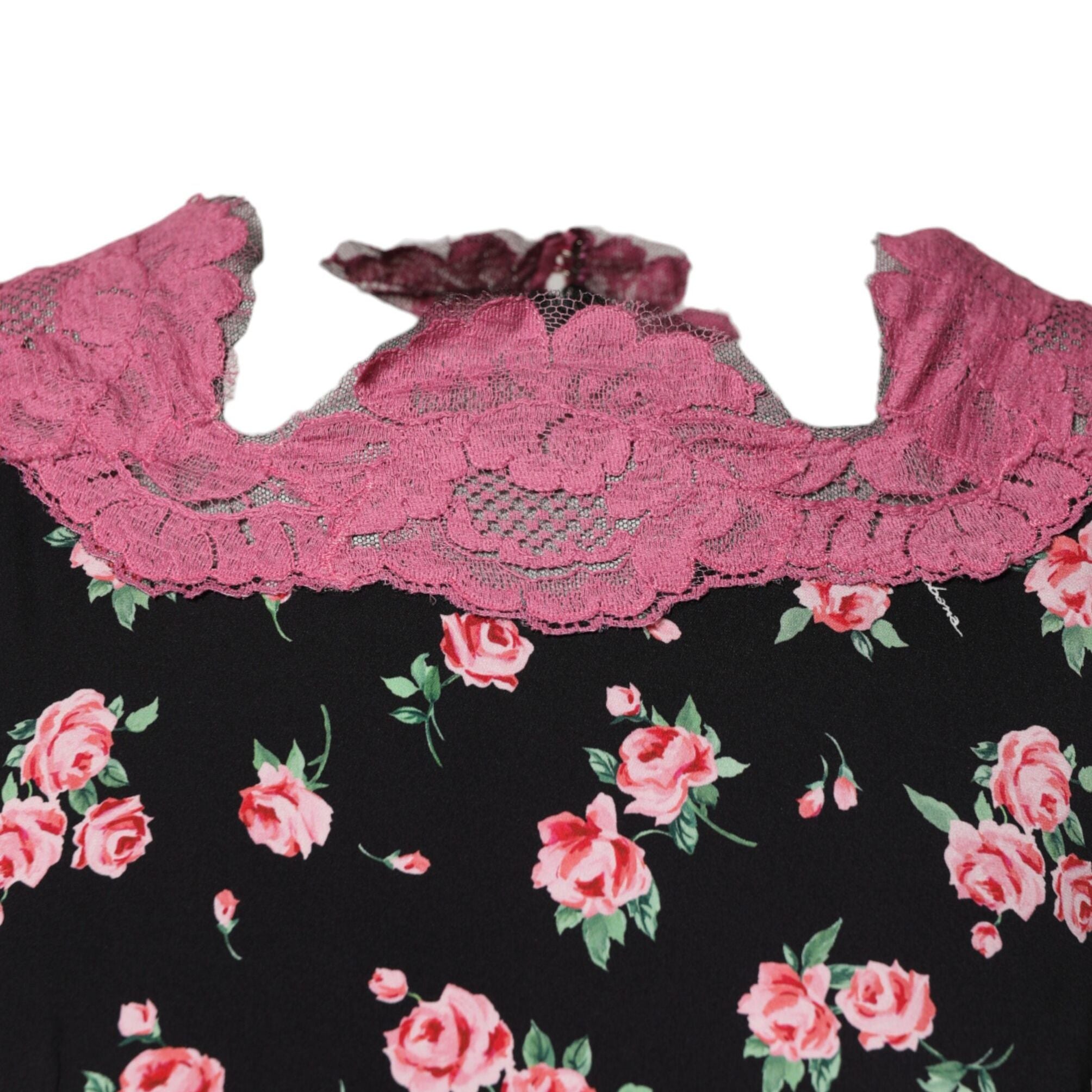 Dolce & Gabbana Black Pink Floral Lace Silk Sheath Dress