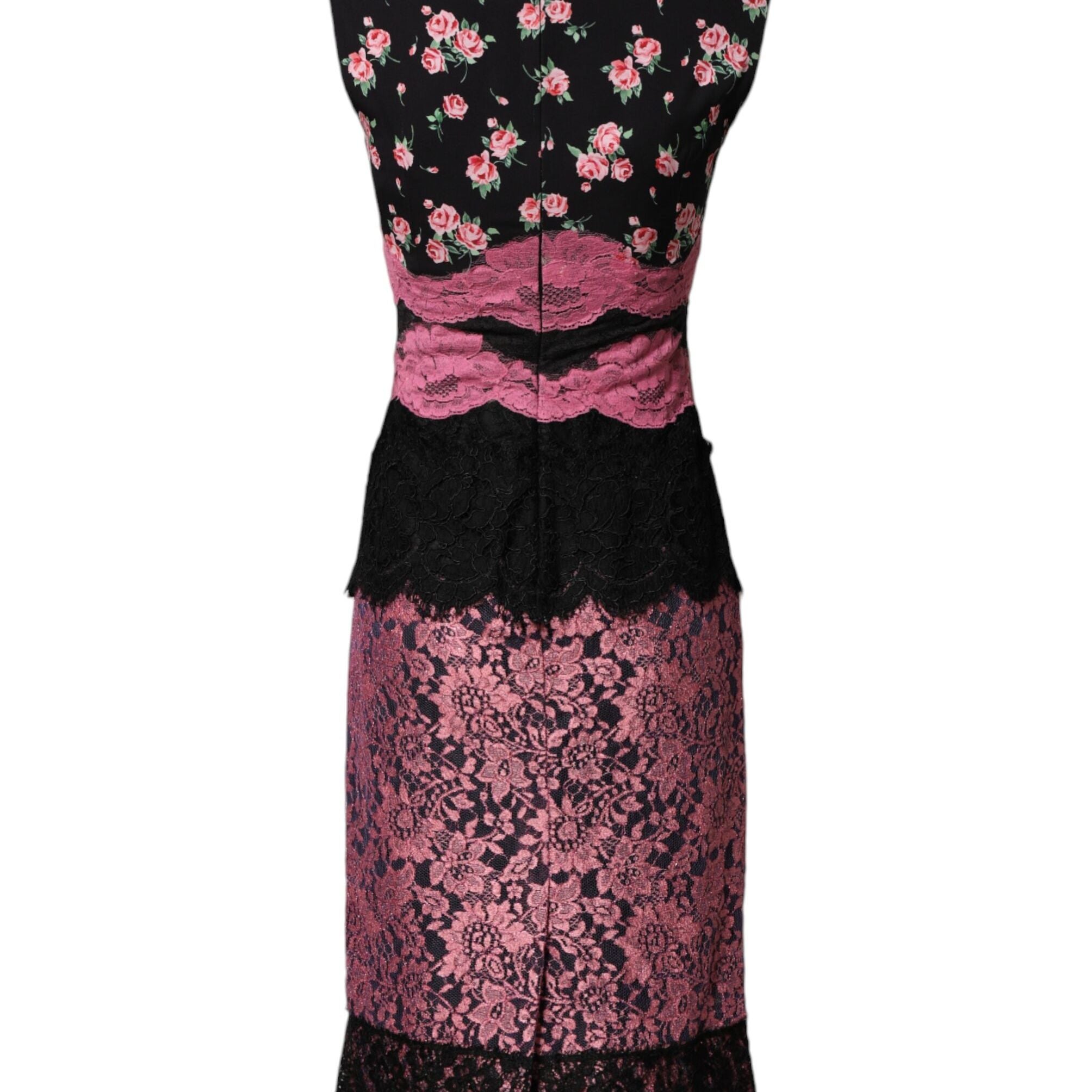 Dolce & Gabbana Black Pink Floral Lace Silk Sheath Dress