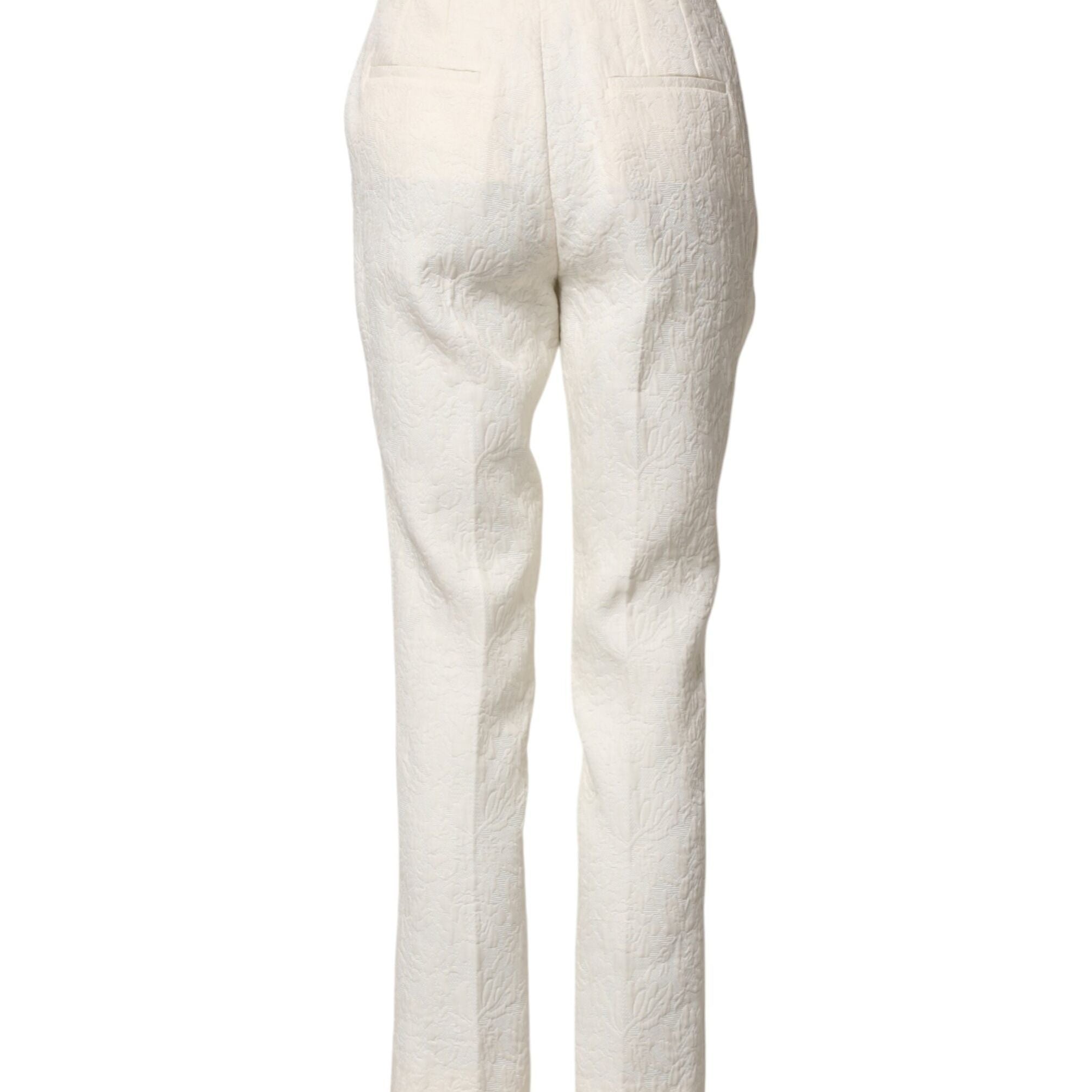 Dolce & Gabbana White Cotton Floral Brocade Dress Pants