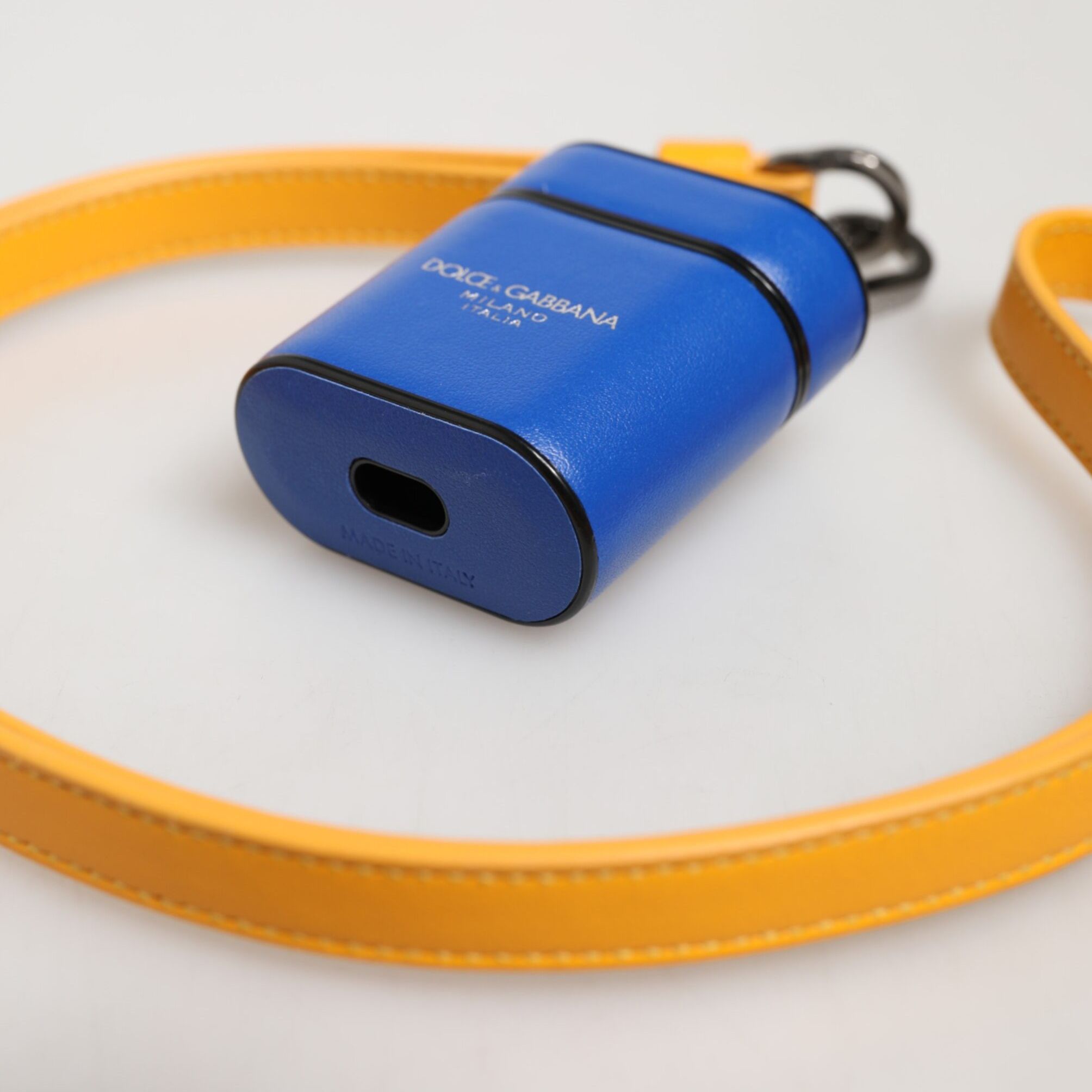 Dolce & Gabbana Blue Yellow Calfskin Leather Logo Strap Men Airpods Case