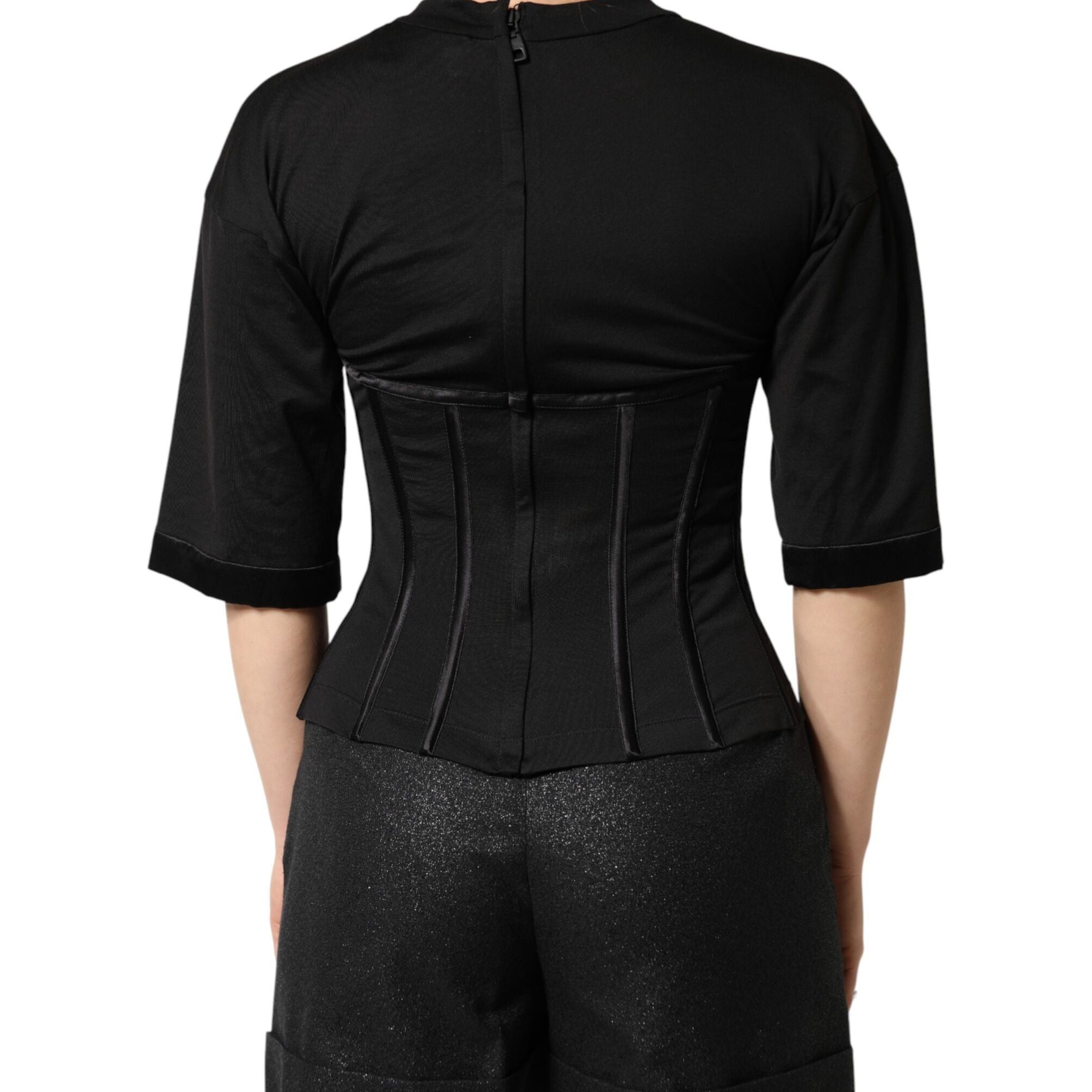 Dolce & Gabbana Black Cotton Bustier Corset Short Sleeves T-shirt