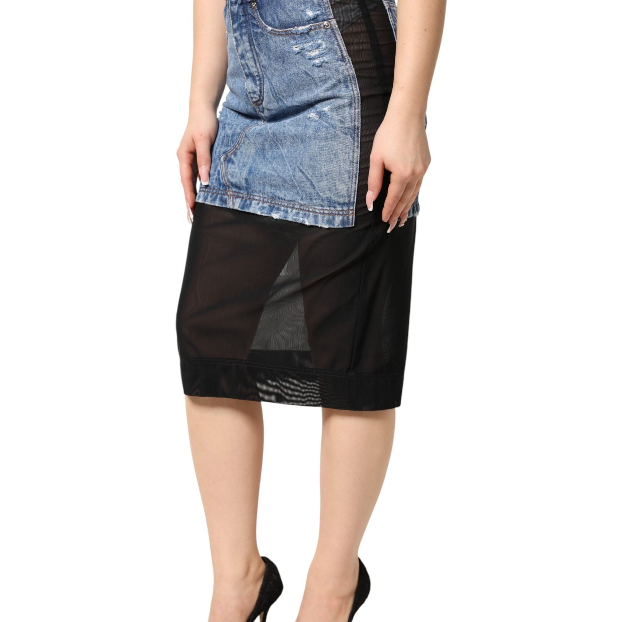 Dolce & Gabbana Blue Black Cotton Denim Sheer Midi Skirt