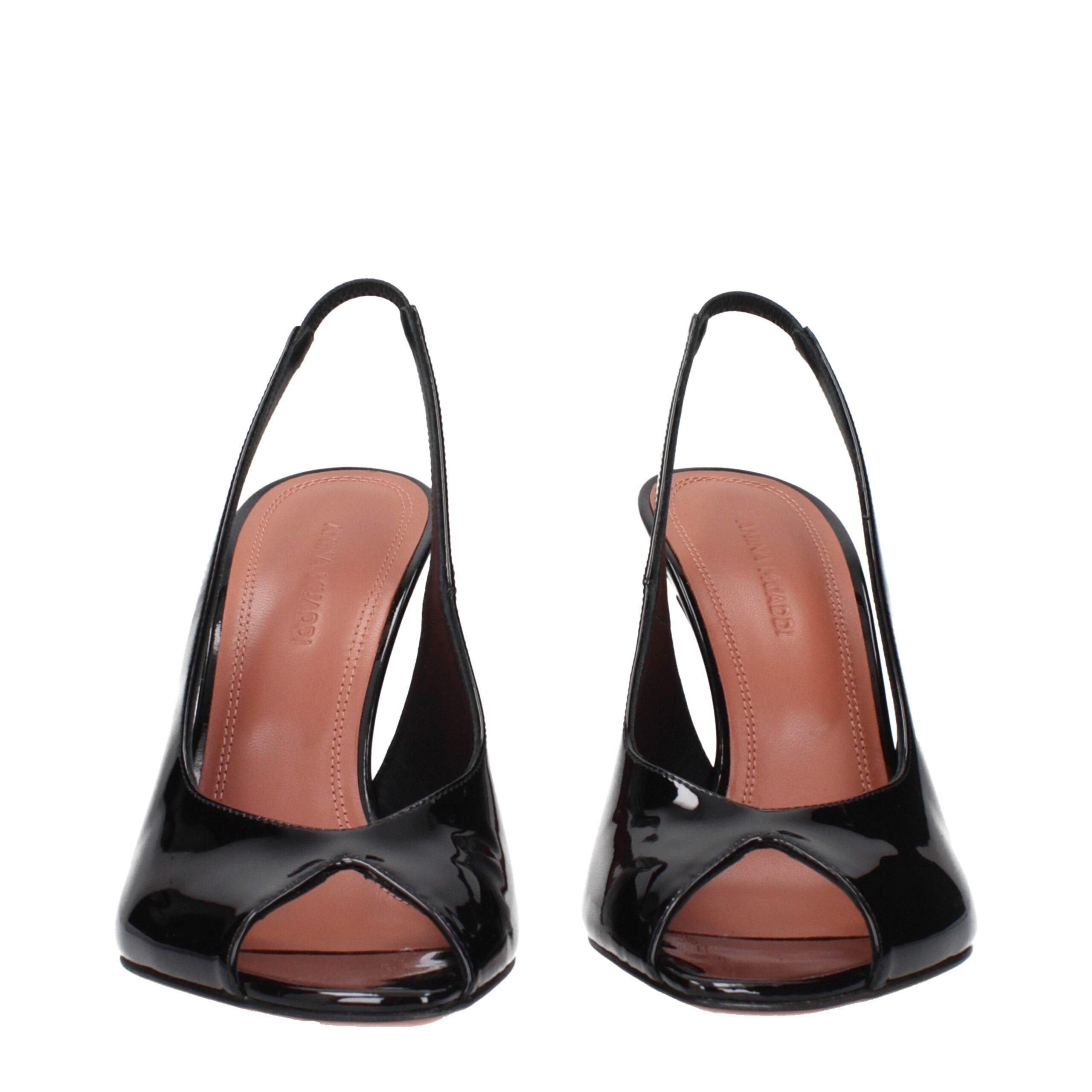 Amina Muaddi Black Leather Stiletto Heel Sandals