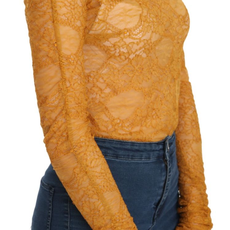 Mangano Mustard Turtle Neck Long Sleeve Lace Top Blouse