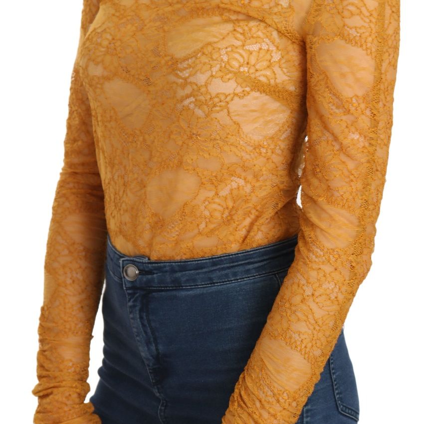 Mangano Mustard Turtle Neck Long Sleeve Lace Top Blouse