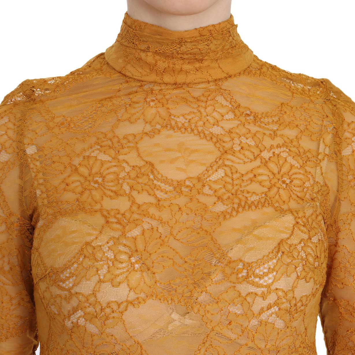 Mangano Mustard Turtle Neck Long Sleeve Lace Top Blouse