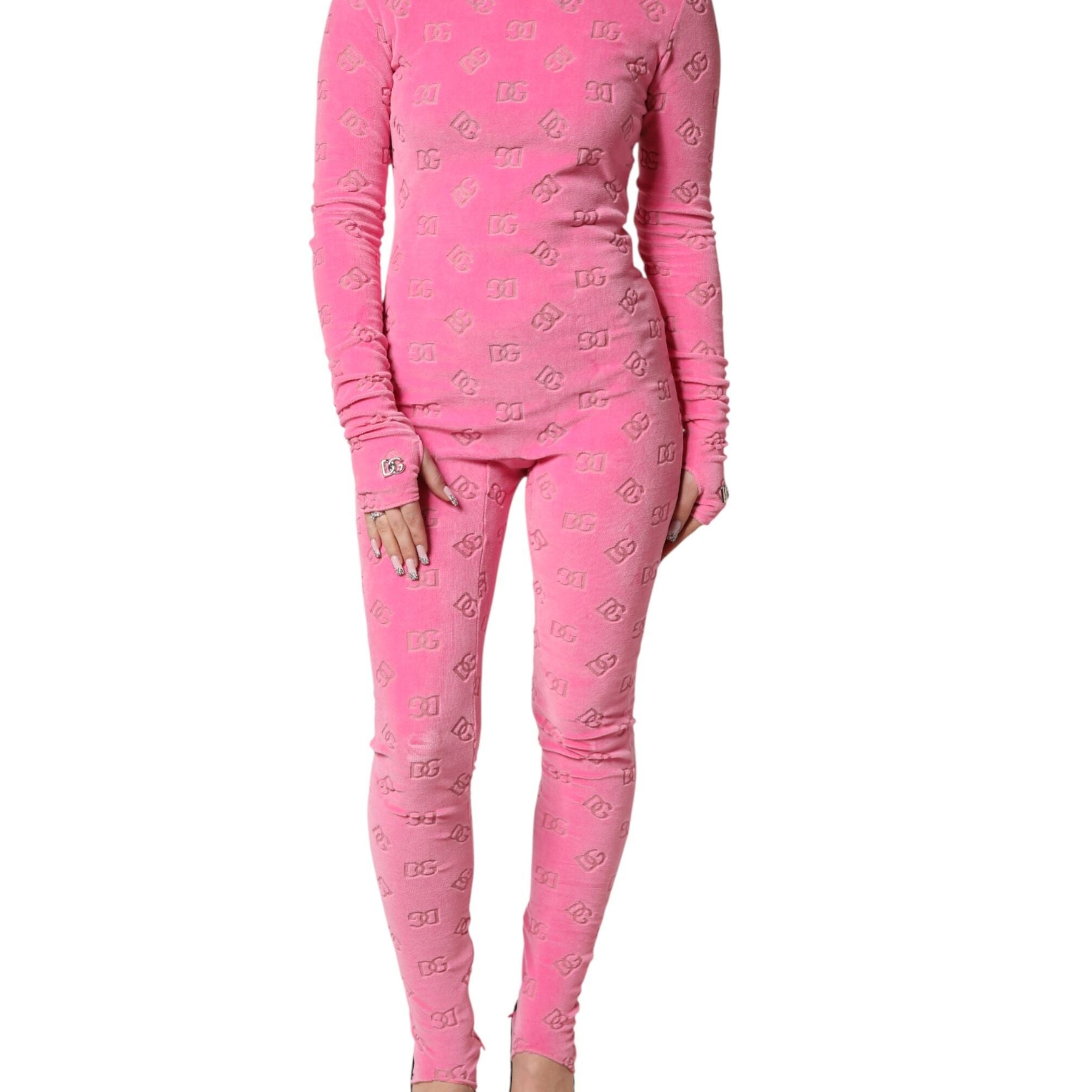 Dolce & Gabbana Pink Logo Monogram Long Sleeve Jumpsuit Dress